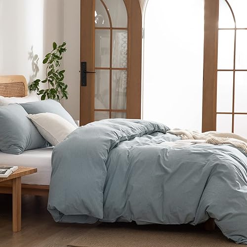 Miniatura 3 de Juego de funda de edredón azul claro, tamaño Queen, 100% algodón lavado con textura similar al lino, juego de ropa de cama de 3 piezas, color liso,