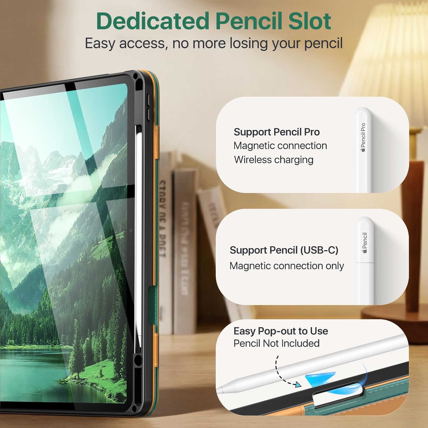 MoKo Case for iPad Air 13-inch (M4) 2026 / (M3) 2025 / (M2) 2024 with Pencil Holder & Hand Strap & Pocket, Premium Leather Folio Stand Cover, Multiple Viewing Angles, Green
