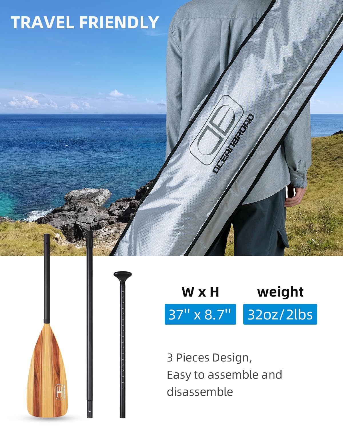 OCEANBROAD Pagaie de SUP – Stand Up Paddle réglable pour kayak, manche réglable en alliage d'aluminium avec lames en nylon renforcées