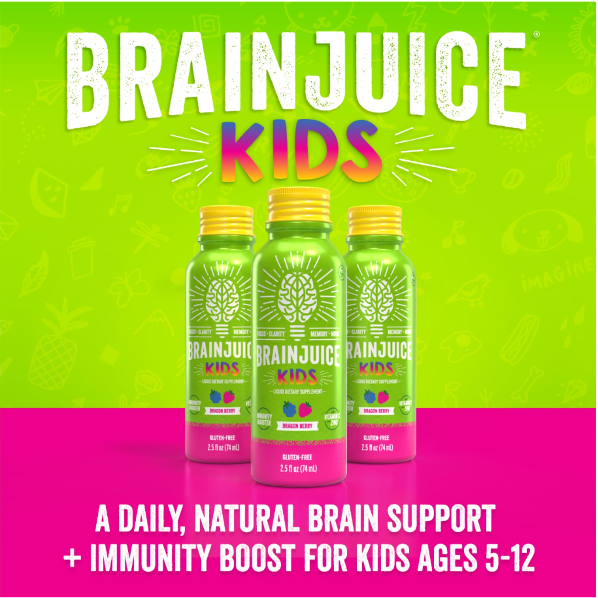 BrainJuice Kids, Dragon Berry Nootropic Supplement Shot, 2.5 fl oz, 12 Pack — Amazon image 8