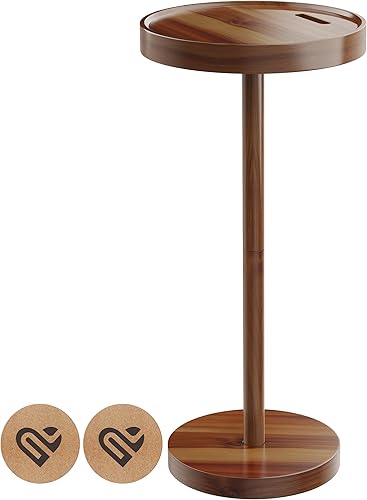 Mesa para bebidas de 24 pulgadas, mesa auxiliar redonda pequeña con pedestal con soporte para teléfono y 2 posavasos, mesa auxiliar de madera