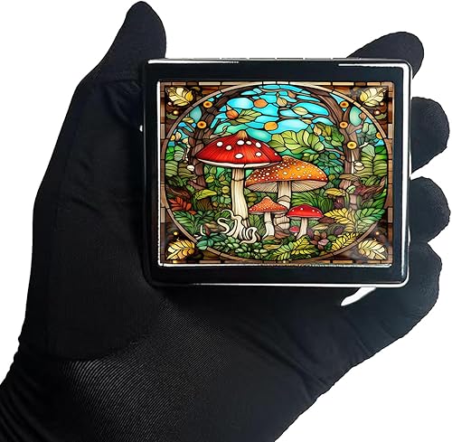 Miniatura 2 de Pastillero vintage plateado de 7 días de metal con espejo y 8 compartimentos, lindo organizador de pastillas de viaje para bolso (jardín de setas)