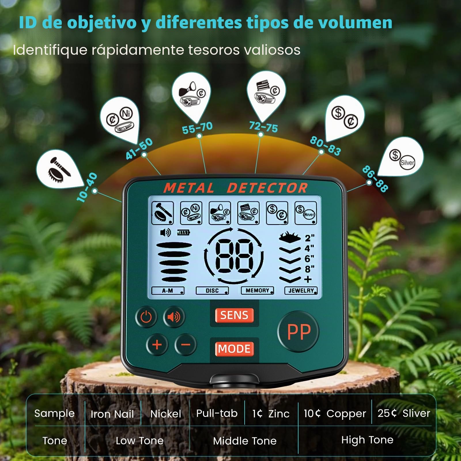 Detector de Metales Profesional, 5 Modos Ligero para Adultos y Niños con Función Pinpoint, Memoria, Bobina Impermeable, Alta Precisión, Kit Completo con Pala