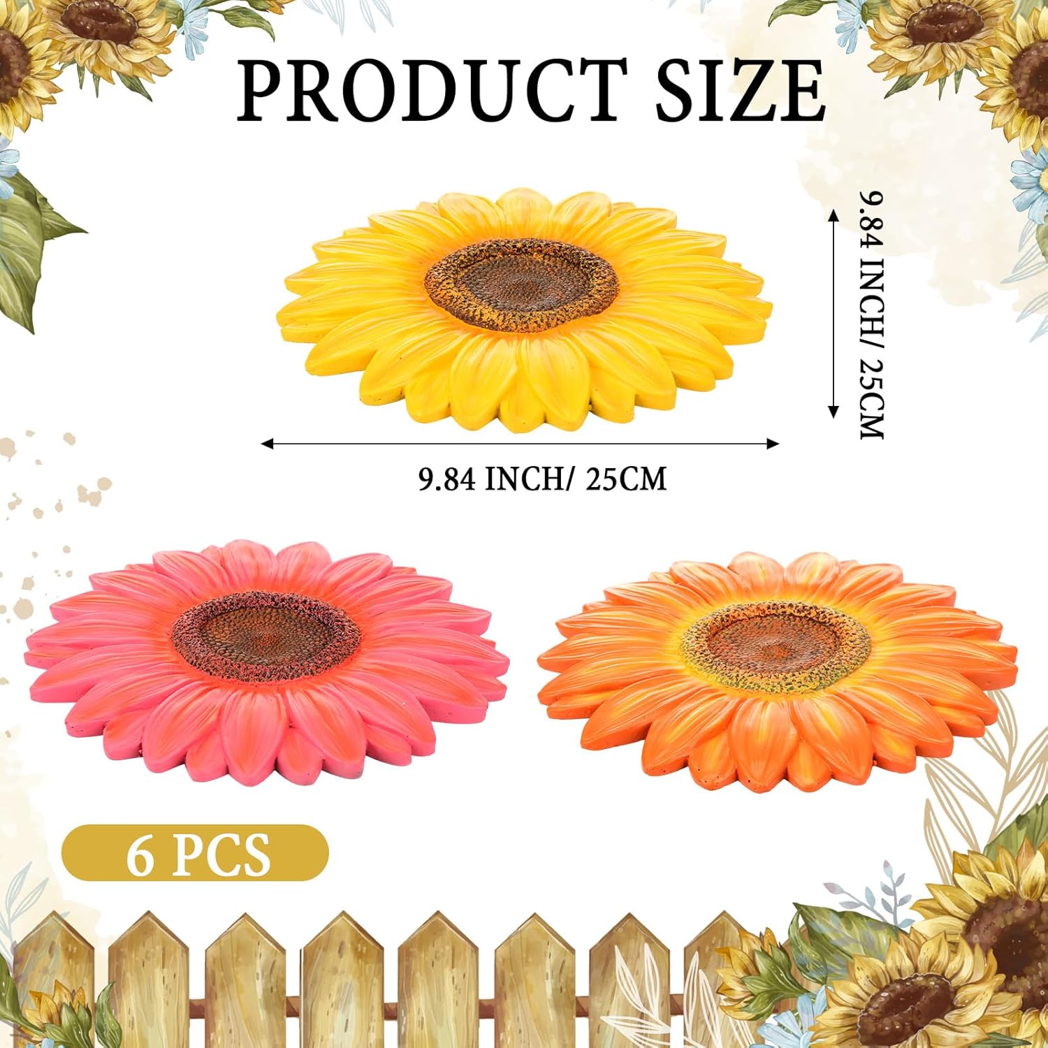 Landical 6 Pack Decorative Stepping Stones for Garden 10 Inch Cement Flower Stepping Stones Decoration for Patio Walkway Yard Outdoor(Sunflower)