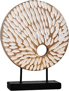 Circle Teak Sculpture with Stand, Handmade Ornaments Decoration for Home Office, Living Room, Bedroom, 11.8" x 3.5" x 15"