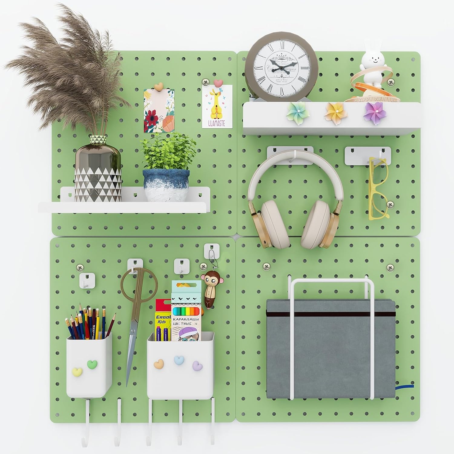 Metal Pegboard Combination Kit — 4 Carbon Steel Pegboards with 26 Accessories, Pegboard Wall Organizer for Home, Office, Study Room, Kitchen, Garage & Craft Room — 24″ × 24″ Green Peg Board