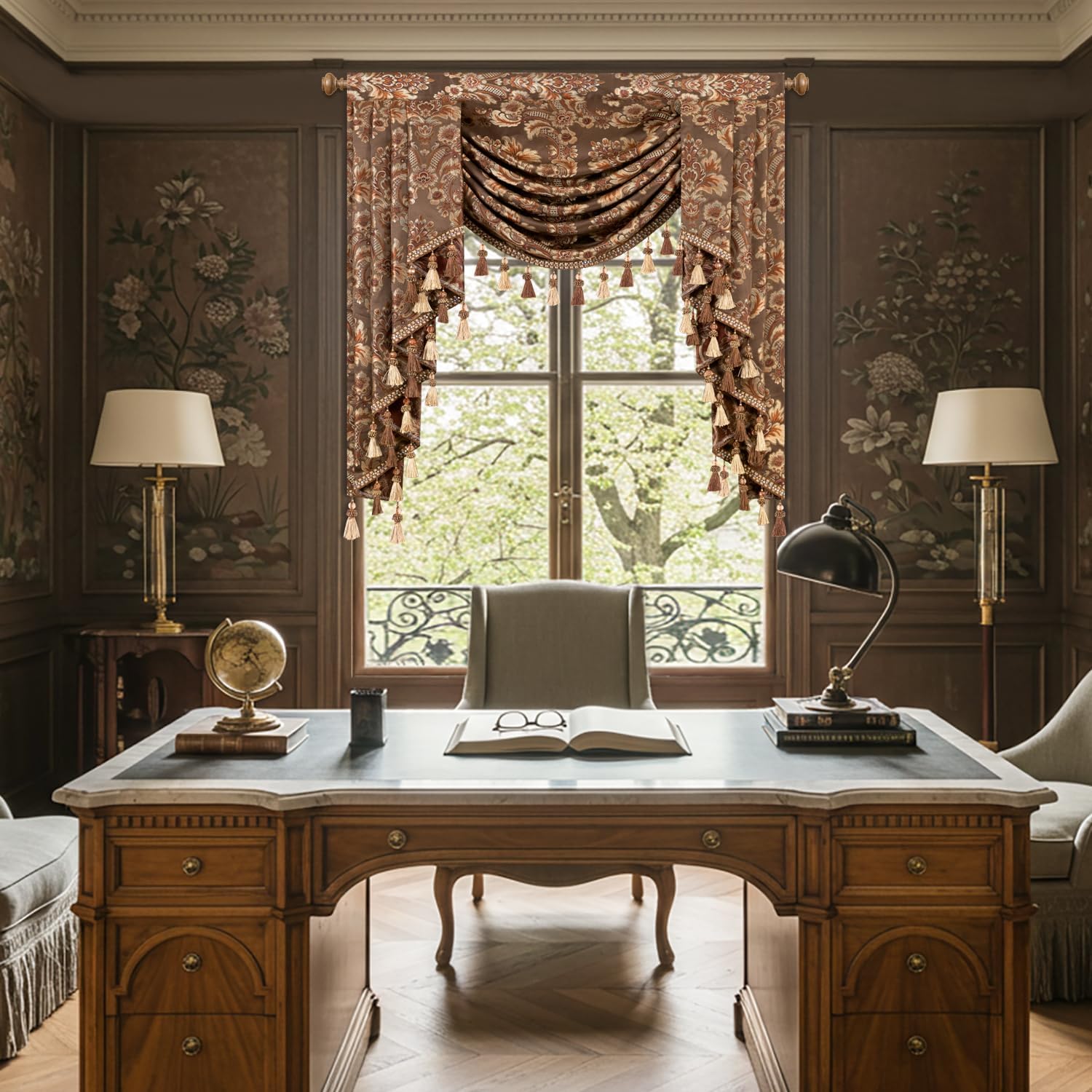 Leeva Victorian Coffee Brown Waterfall Valance - Heavyweight Swag with Beaded Tassels, 39-Inch Damask Jacquard Valance for Bedroom & Living Room Windows