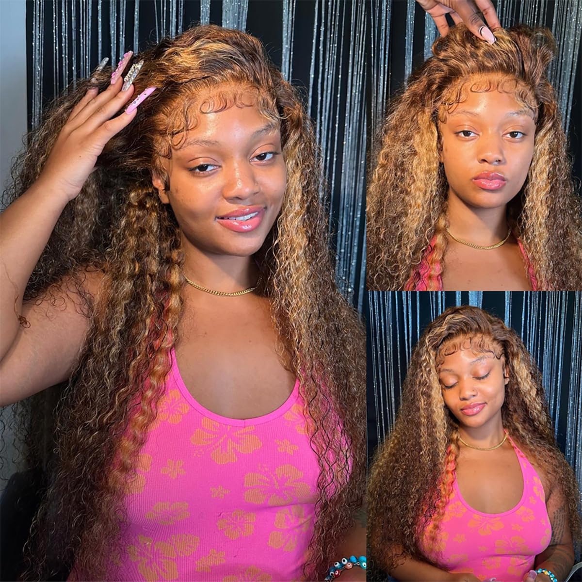Tascal 28 Inch Ombre Highlight Lace Front Wigs Human Hair Deep Wave 13x6 Transparent Lace Front Wigs 4/27 Ombre Human Hair Wet and Wavy Curly Glueless