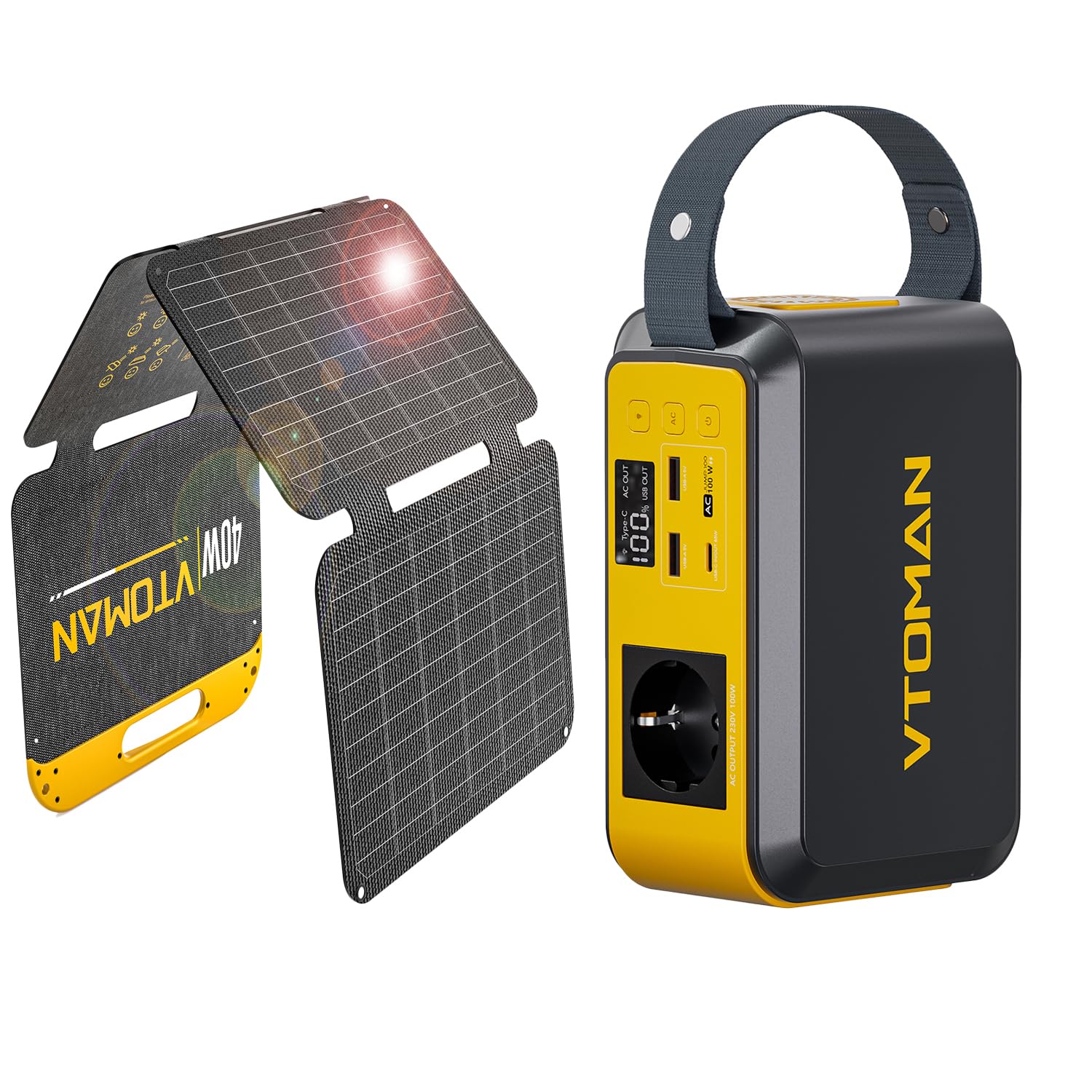 VTOMAN Jump 100 Station électrique avec VS40 Panneau Solaire, 89,6Wh LiFePO4, 100W CA charge PD 65W Cellules LiFePO4 sûres durables, charge multi-appareils, design compact, camping et secours