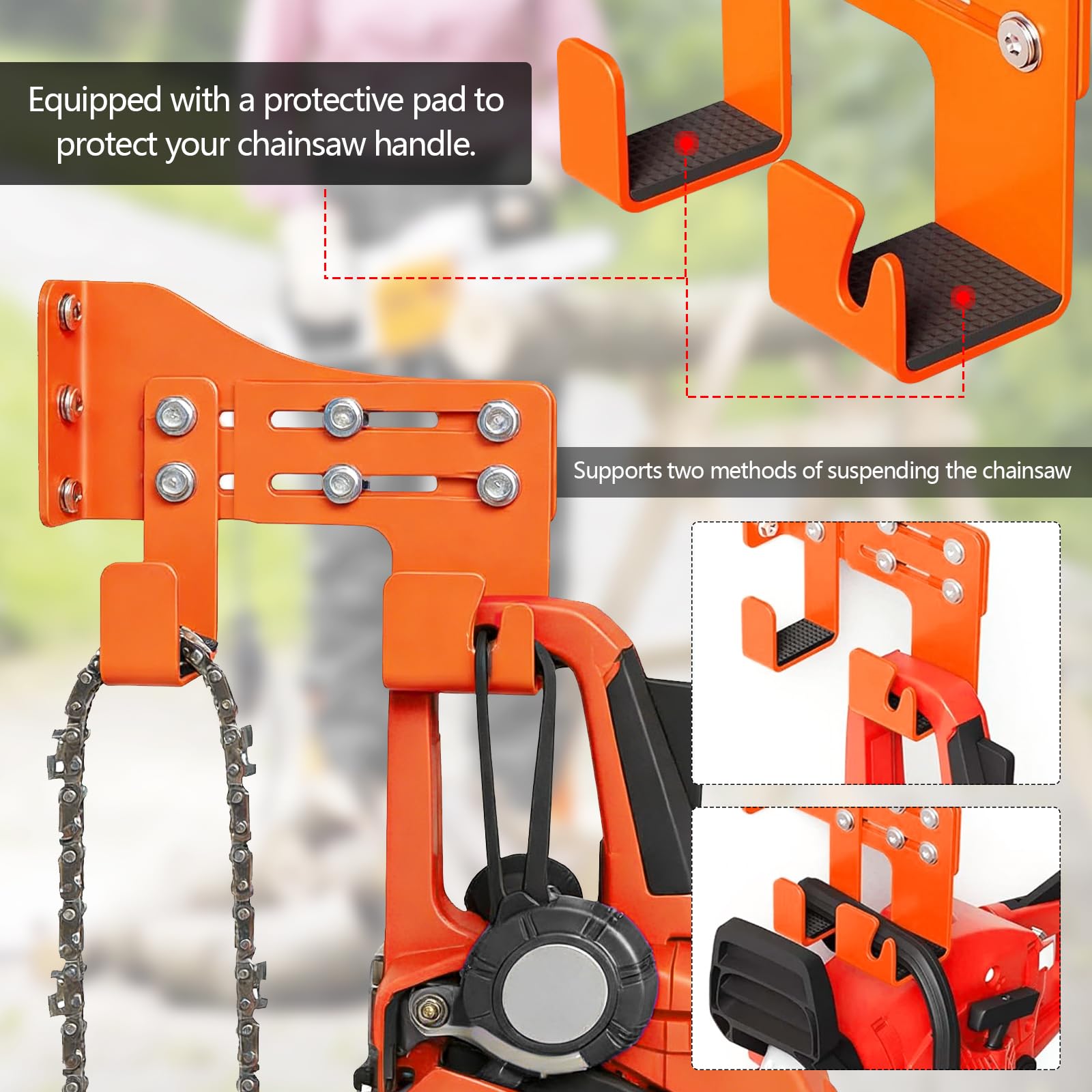 2 Piezas Ganchos para Motosierra, Soporte Ajustables para Motosierra con Doble Gancho, Soporte Organizador Herramientas Pared Colgador de Motosierras para Jardín, Garaje, Taller