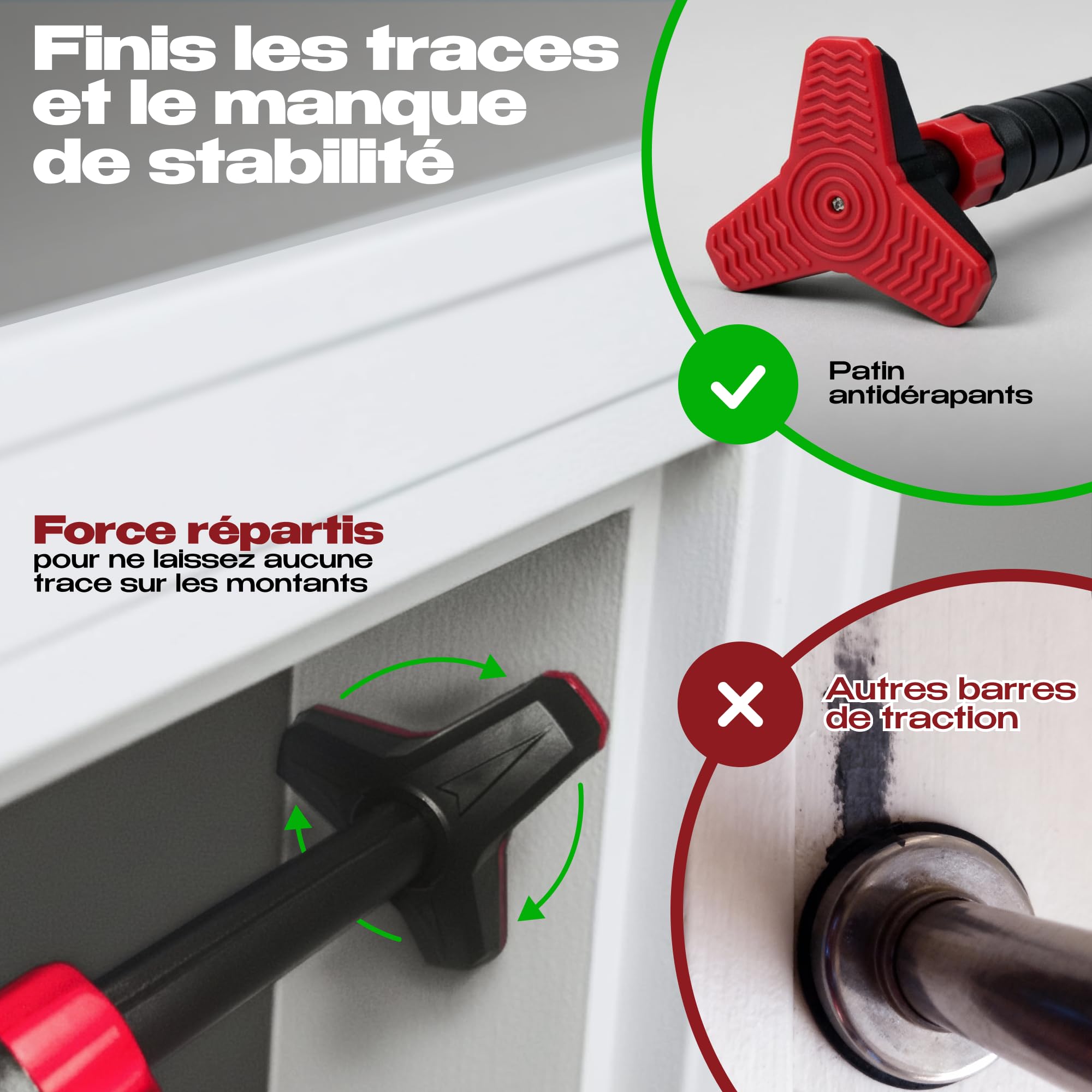 Barre de traction porte ou murale sans perçage 69-107cm et poignées pour pompe et gants, sport maison - 5