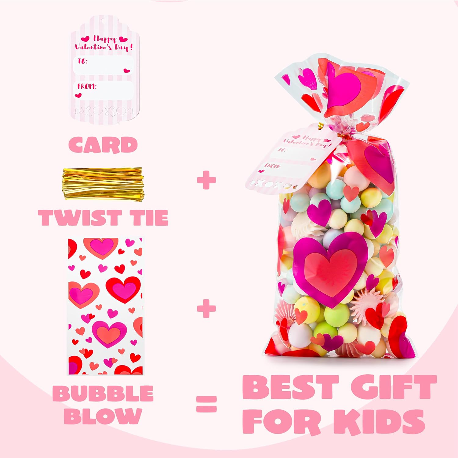 JOYIN 150 Pcs Valentine's Day Cellophane Gift Bag, 10.8" Gift Treat Bags with Gift Tag, Cookie Bags with 6 Themed Designs for Kids Party Favor, Classroom Exchange Prizes,Valentine’s Goodie Bag