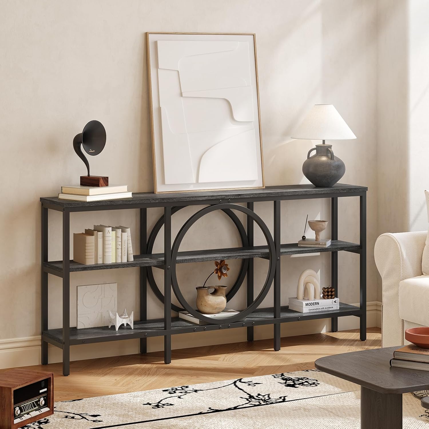 Long Console Table, 66.9 inch Wood Narrow Sofa Tables 3 Tier Couch Table Behind Sofa Industrial Grey Hallway Table Long Entryway Tables for Living Room, Foyer (Grey Oak+Black)