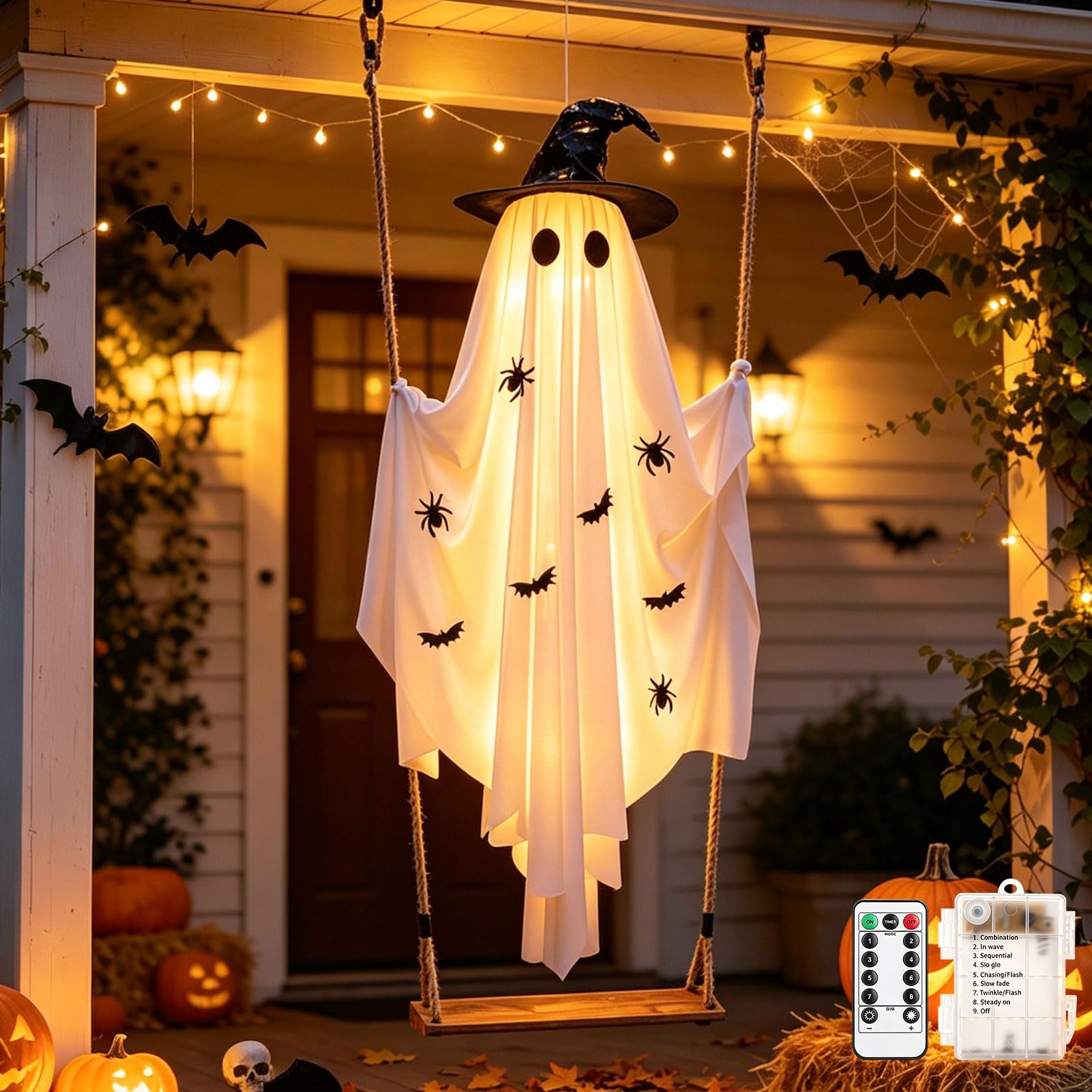 Halloween Deko Geist mit Kürbis Eimer,1.5M Halloween Deko Hängender Geister mit 8 Lichtmodi & Fernbedienung,Gespenster Halloweendeko,Gruselige Windsack für Außen Innen Garten Terrasse Party (D)