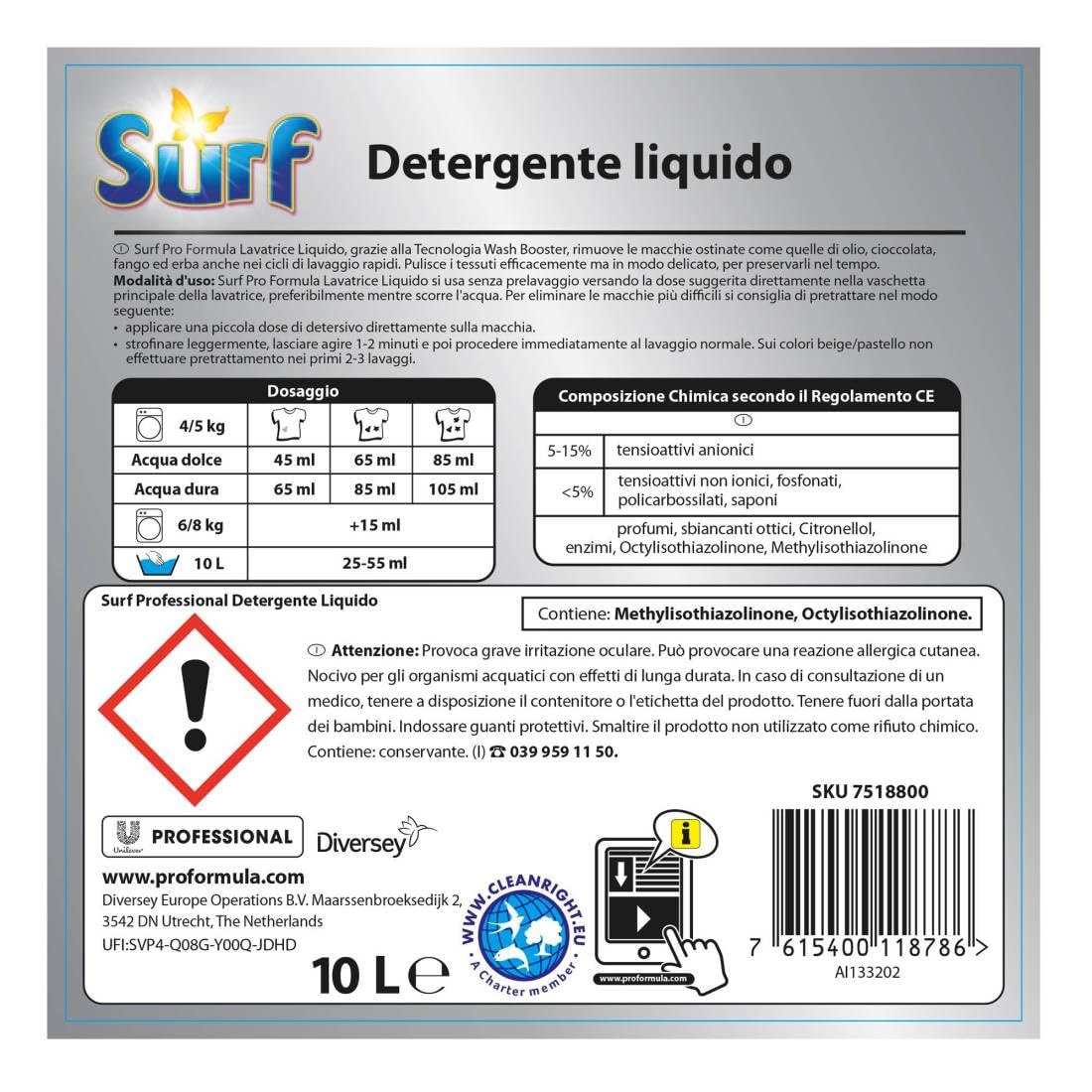 Surf Detersivo Concentrato per Bucato Professionale - 10L
