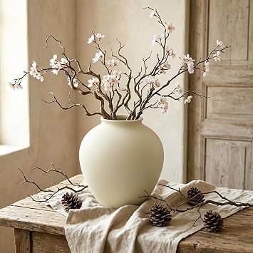 8.6 Inch Off-White Ceramic Vase, Rustic Round Sand Textured Decorative Vase, Modern Hand-Finished Flower Vase for Boho Home Decor, Minimalist Japandi Centerpiece for Mantel Shelf Table Office