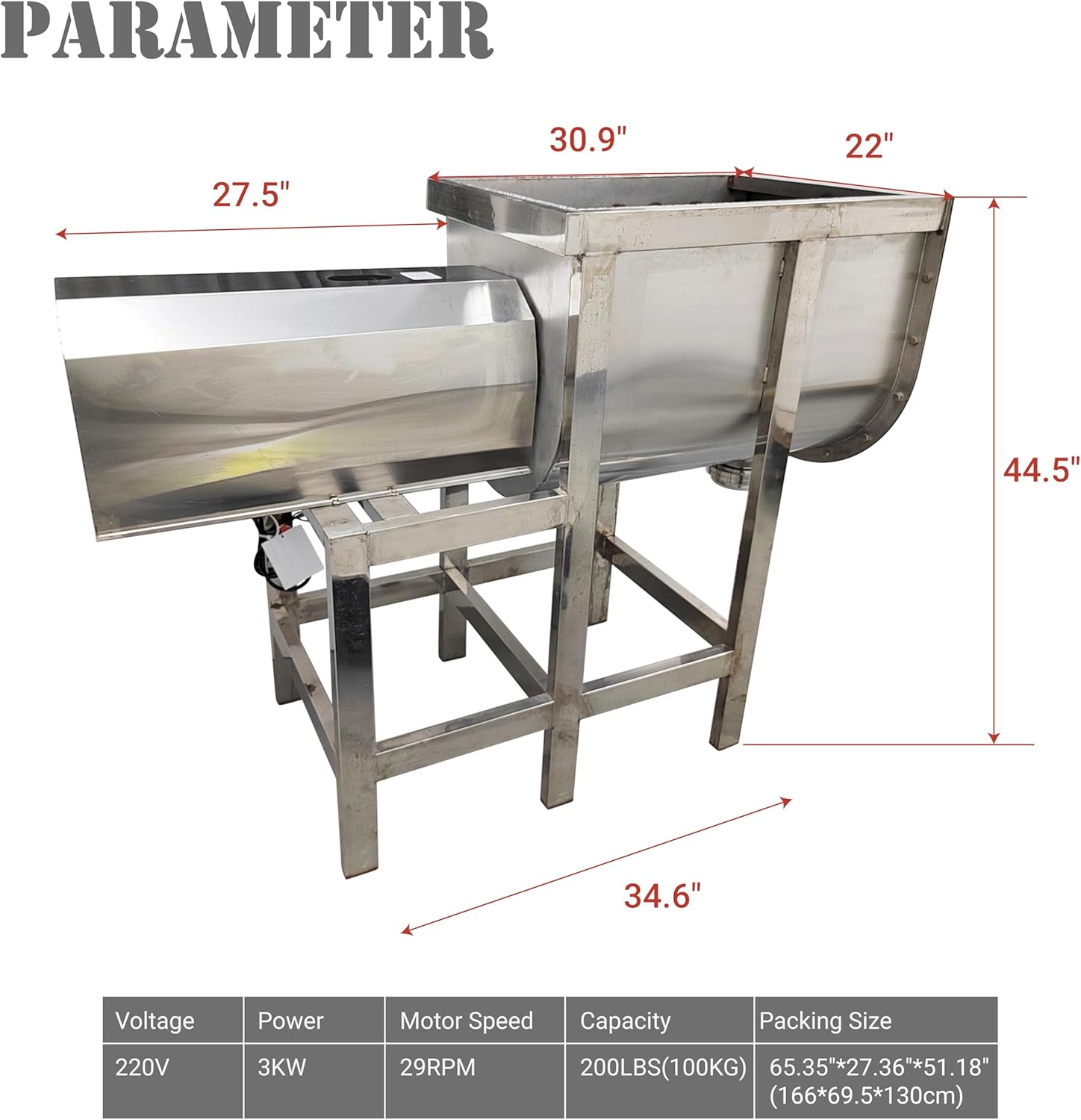 220Lbs Dry&Wet Horizontal Mixer 304 Stainless Steel Commercial Mixing Machine for Food Animal Feed Grains Granule Particle Blender 29RPM 220V 3KW