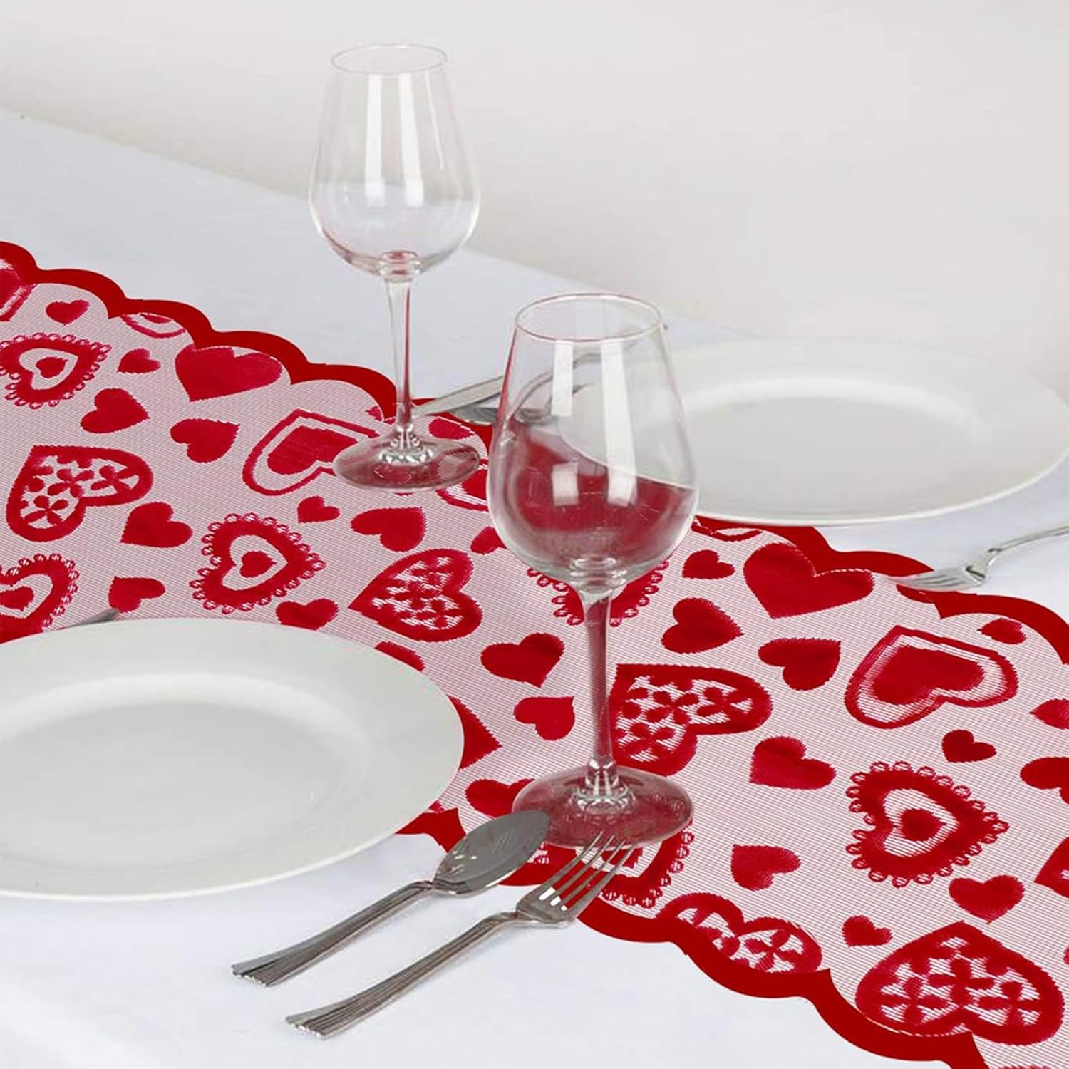 Valentine's Day Table Runner - Red Heart-Shaped Lace Table Runner for Weddings, Valentine's Day Decorations, Romantic Home Decor 13x80 Inch