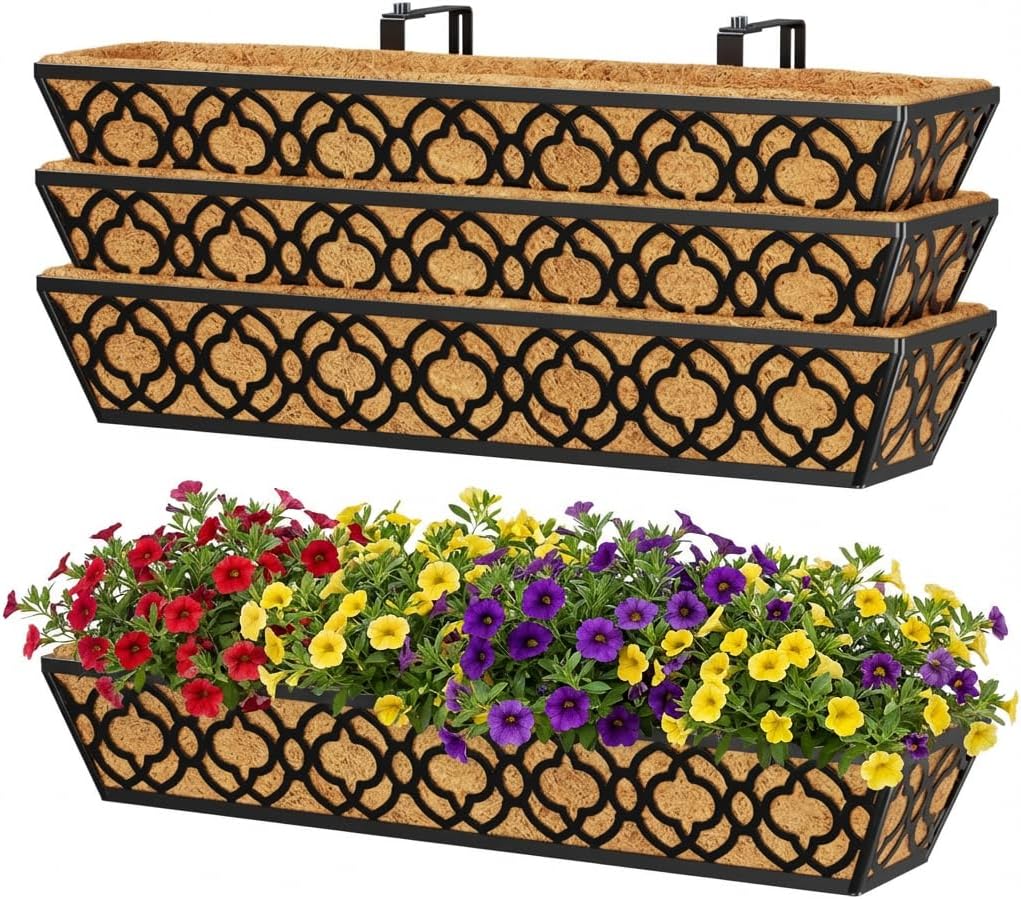 Y&M 30 inch Window Planter Box 4Pcs Iron Window Deck Railing Planter with Coco Liner, Metal Horse Troughs Fence Planter for Outdoor Balcony Rail Fence Porch Patio
