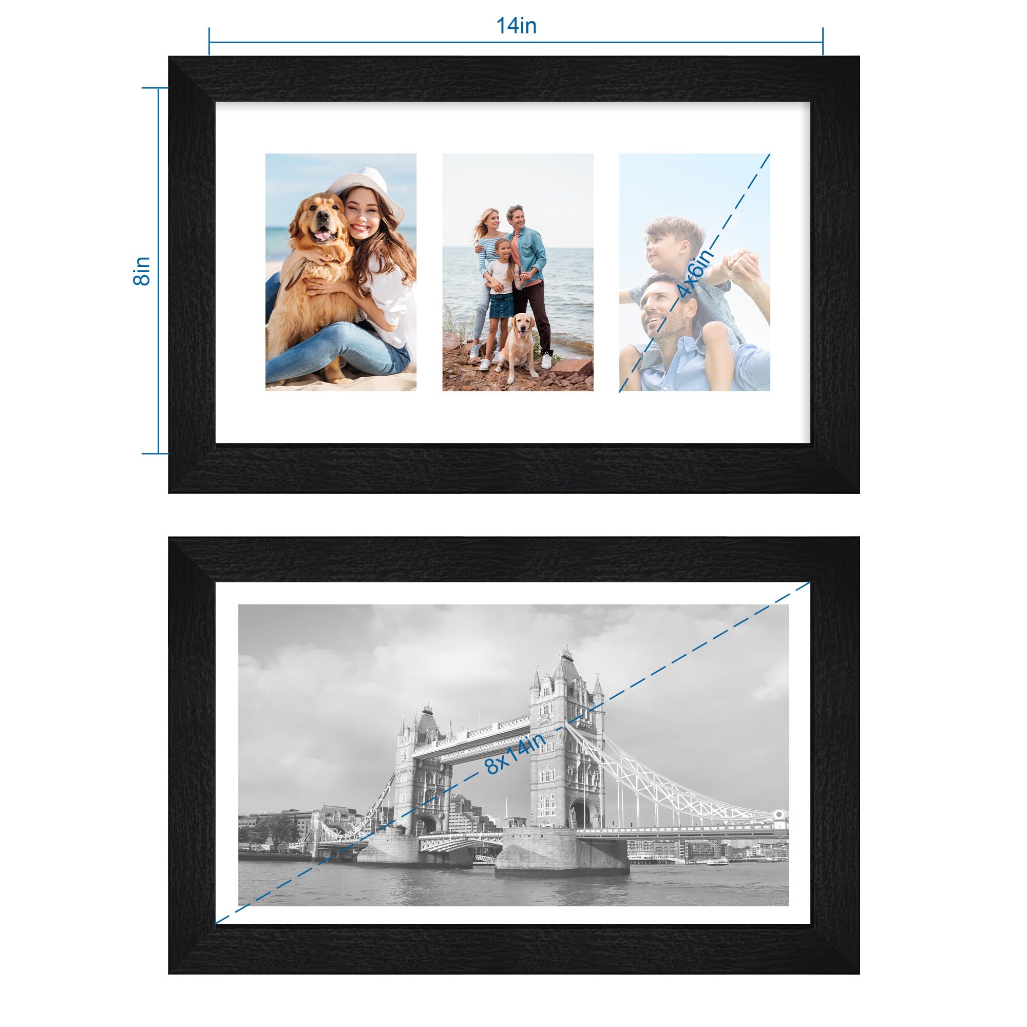OUBOXDPF 8x14 Collage Picture Frame Teak Wood - Holds Three 4x6 Photos, Tempered Glass, Wall Mount