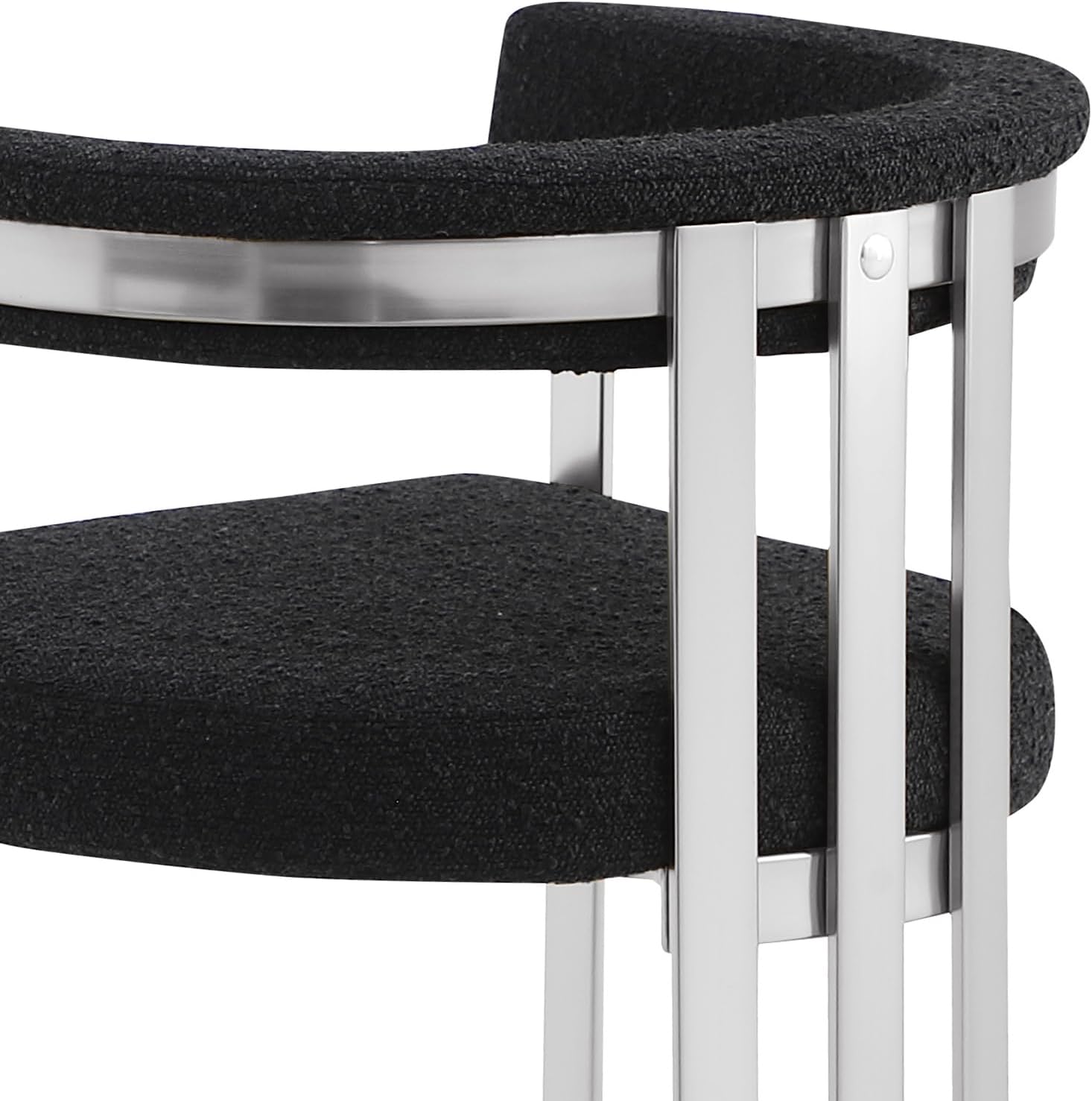 Modern Upholstered Bar Stool with Black Boucle Fabric – Matte Brushed Chrome Legs in Silver – Versatile Living Room & Dining Room Seating – Set of 1