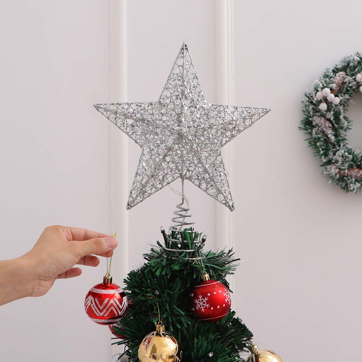 Étoile de sapin de Noël classique pailletée 3D avec 15 LED, Décoration pour intérieur et bureau, Noël, Nouvel An, vacances, fête, lumière argentée