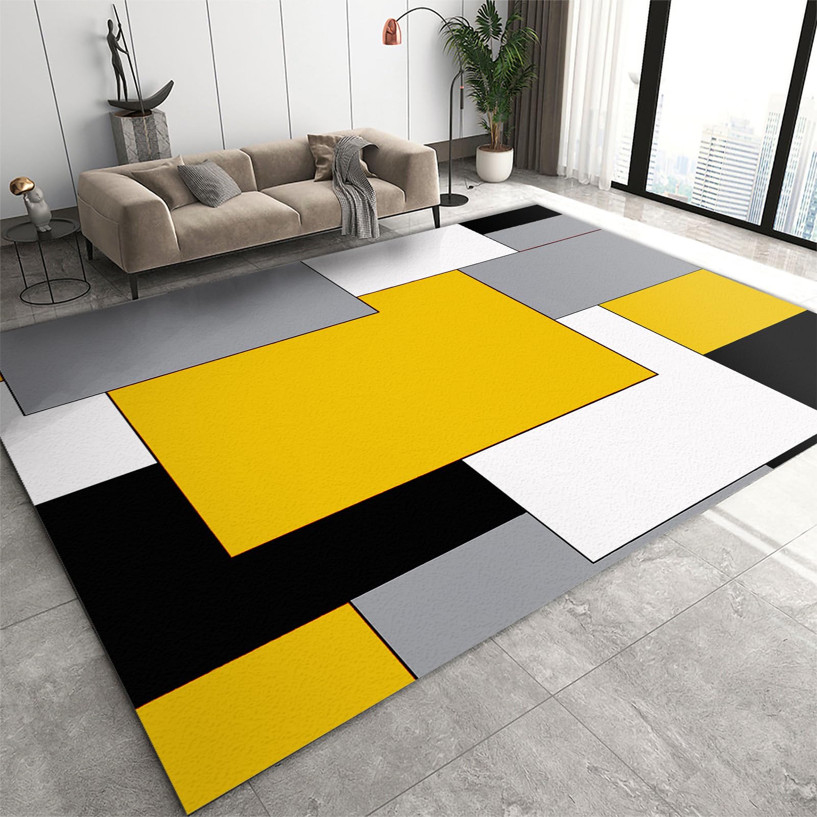 Modern Home Decor Kitchen Rug, Yellow Black White Gray Rectangles Geometric Area Rug, Anti-Slip Non-Shedding Hardwearing Washable Mat for Bedroom