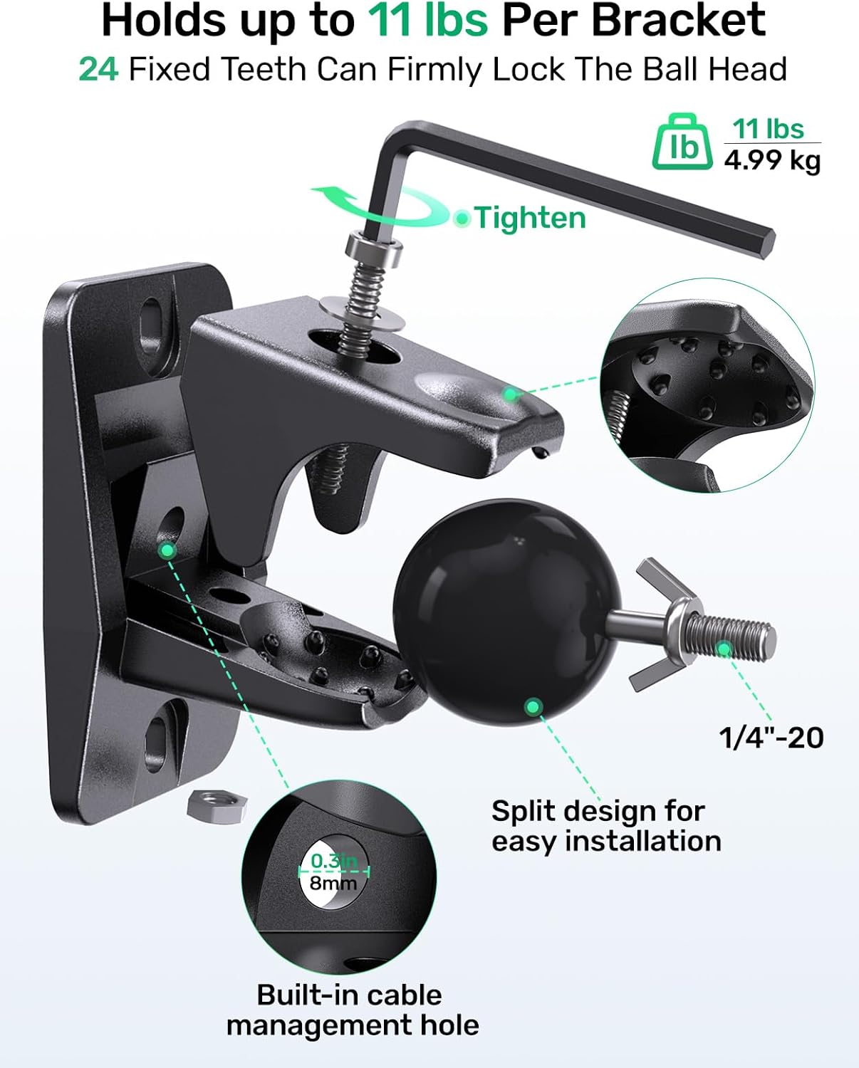 Surround Sound Rear Speaker Wall Mount, Ceiling Mount Bracket for Universal Satellite, fits Keyhole and Thread Hole with 1/4"- 20, 5mm & 4mm Thread, Works with Roku, Samsung q990D, Holds up to 11 lbs