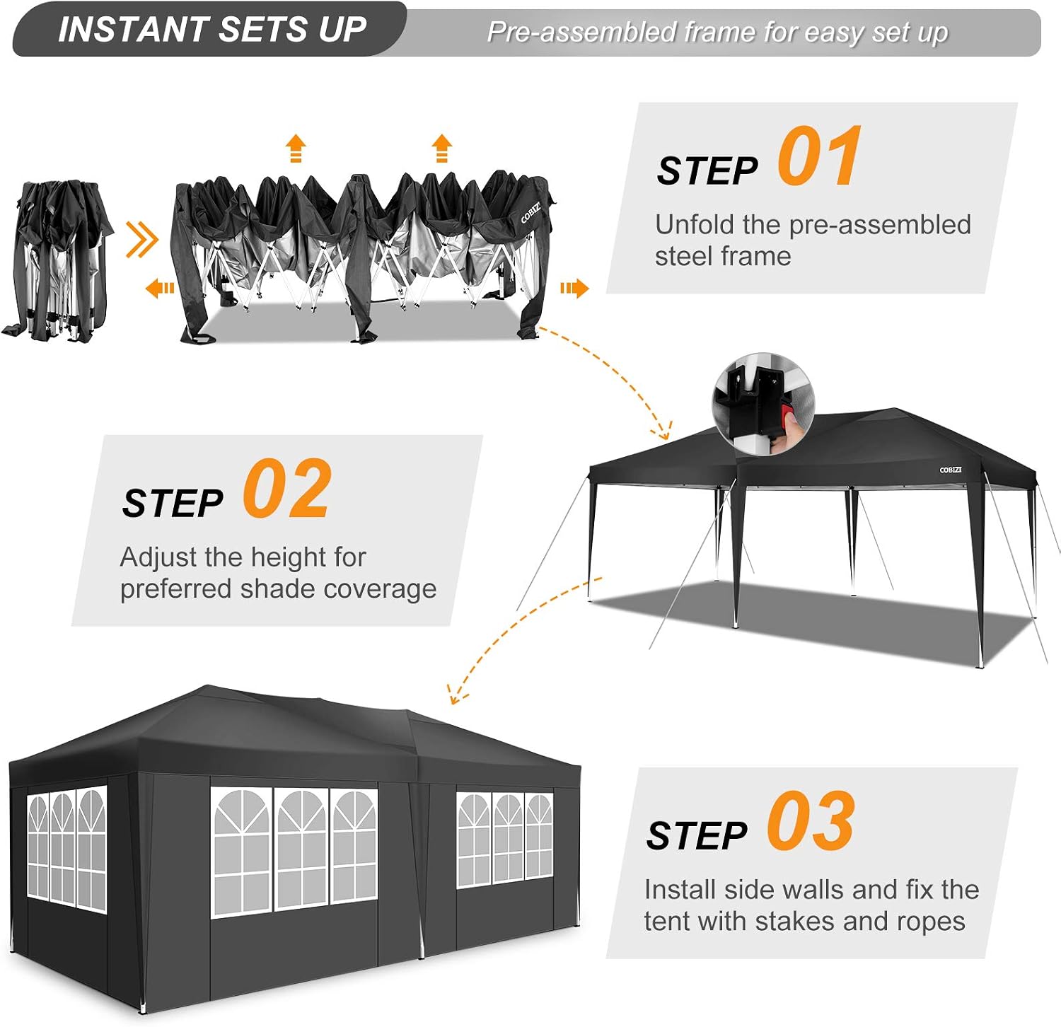 Diagram for COBIZI 10x20 Pop Up Canopy Tent setup
