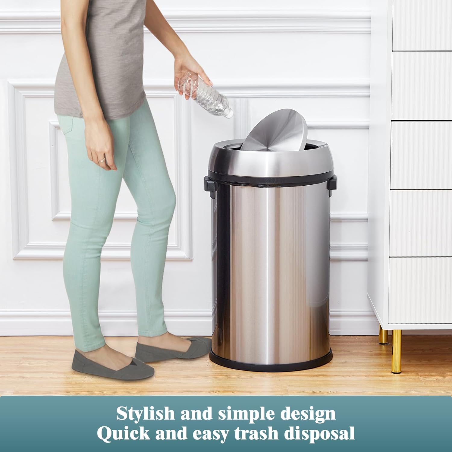 Garvee 65 L/17 gal Swing Top Trash Can, Fingerprint-Proof Stainless Steel Garbage Can, Heavy Duty Commercial Round Trash Bin with Swing Lid for Kitchen, Outdoor, Home, Office, Silver