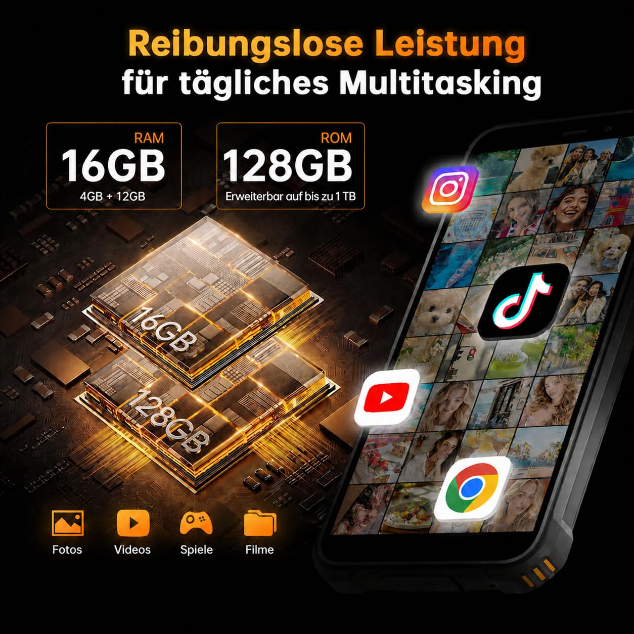WP32 Outdoor Smartphone ohne Vertrag, Android 15 Outdoor Handy, 16GB RAM + 128GB Speicher, 6300mAh Akku, 6,0 Zoll, 20MP + 5MP Kamera, Dual-SIM, IP68, NFC, OTG, GPS, Grün