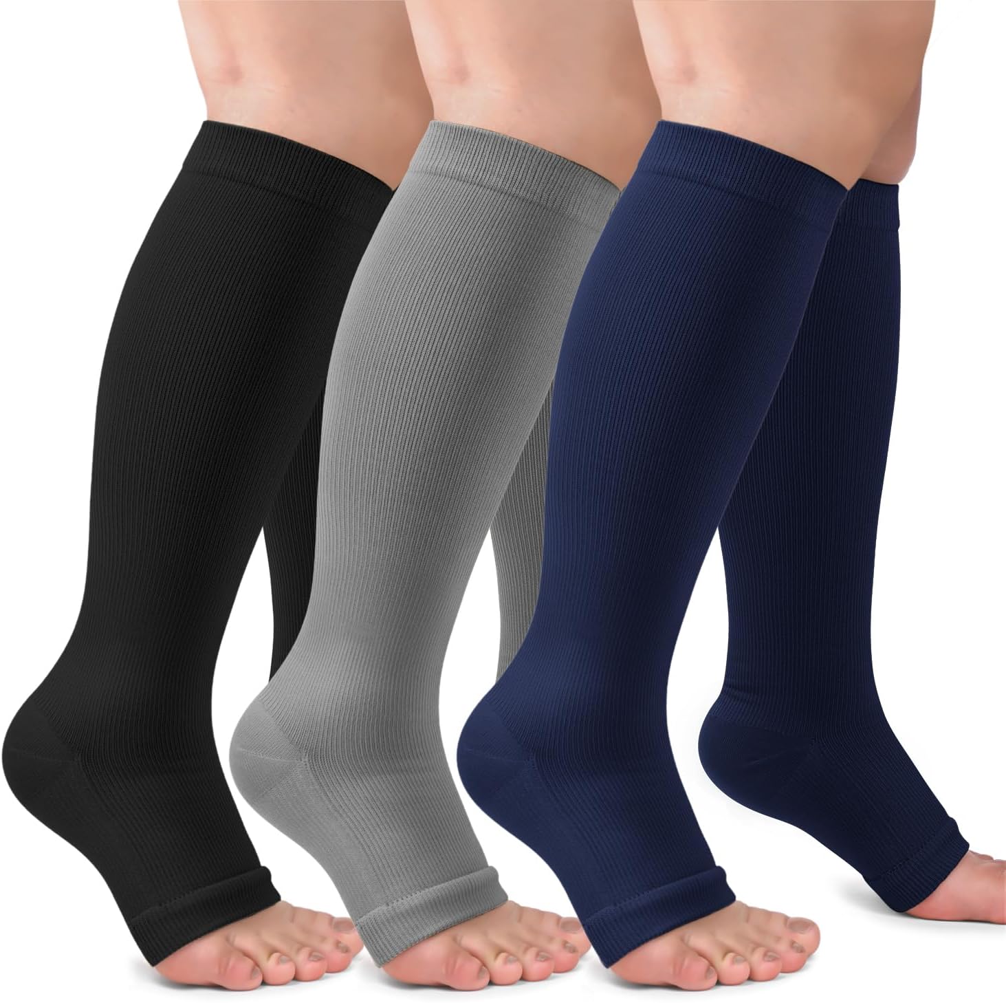 3 Pack Copper Compression Socks for Women & Men, 20-30mmHg Open Toe Knee High Stockings for Circulation Support