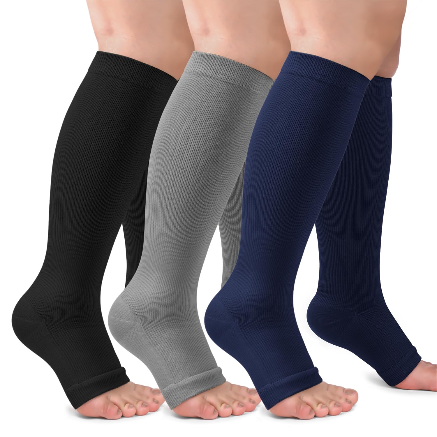 3 Pack Copper Compression Socks for Women & Men, 20-30mmHg Open Toe Knee High Stockings for Circulation Support