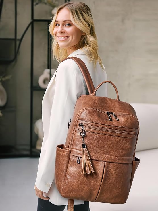 Leather Laptop Backpack for Women, 15.6 Causal Daypack Backpacks Purse Computer Backpack with Laptop Compartment for Travel Work College Business, Brown