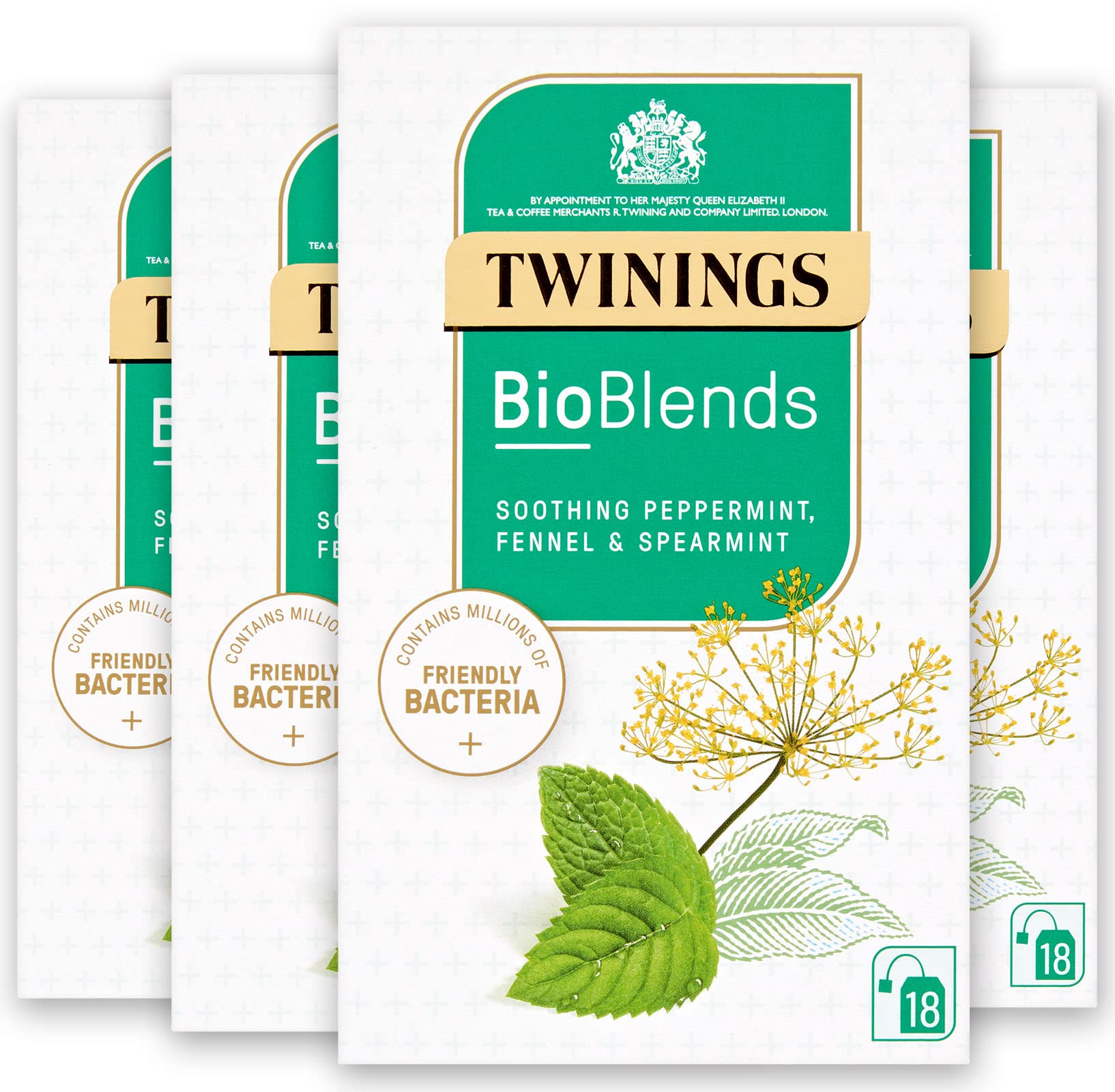 Twinings Bioblends Peppermint, Fennel and Spearmint Tea with Friendly Bacteria, 72 Tea Bags (Multipack of 4 x 18 Teabags)