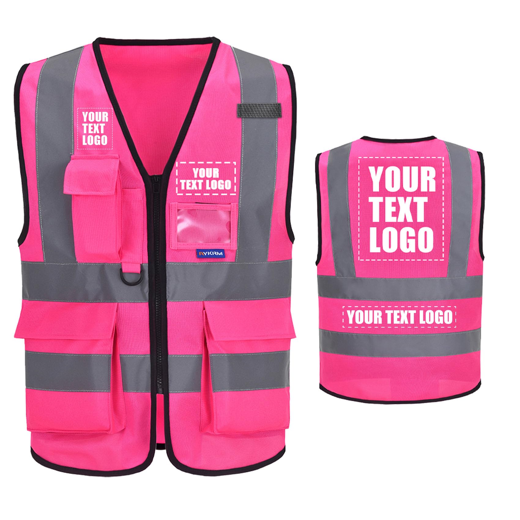 pink personalised high vis vest adult Printed Hi Vis Vests Class 2 Zipper with Pockets LOGO Customised Hi Viz High Visibility Reflective Safety Vest Security Waistcoat EN20471 — image 1
