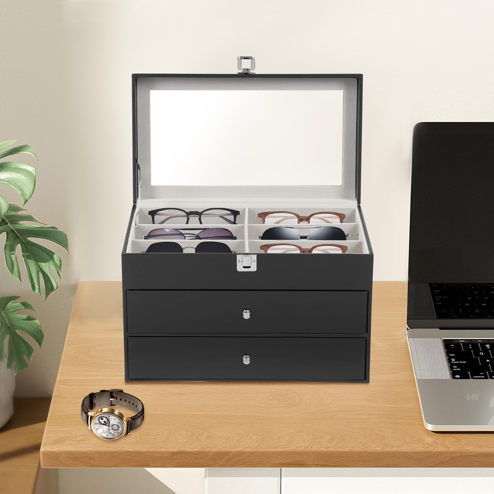 Caja para relojes de 3 niveles con 24 ranuras – Joyero, estuche para gafas y estuche de almacenamiento para relojes, gafas, joyas, anillos y más