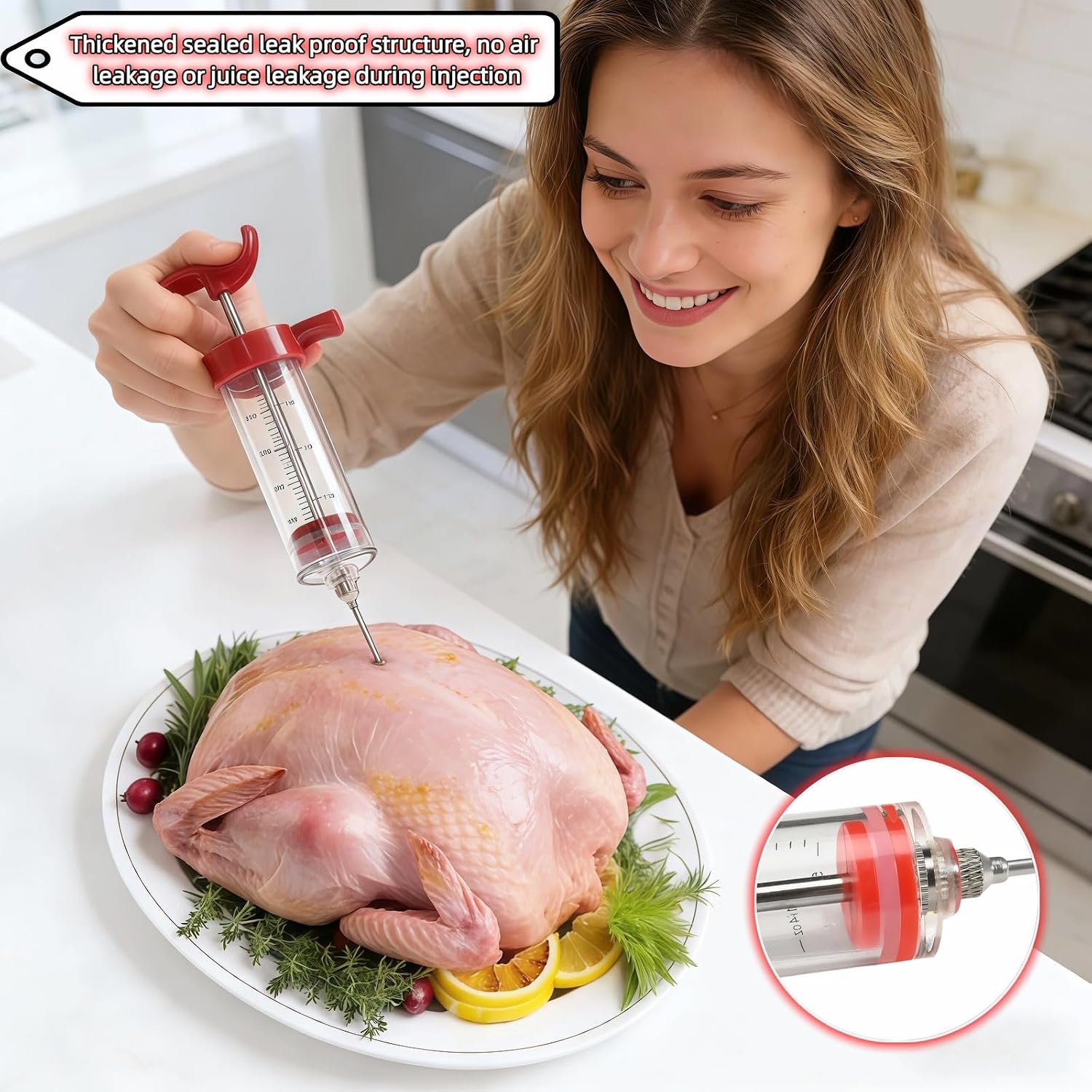 Meat Injector Syringe with Cleaning Brush,30ml/1oz Capacity Turkey Injector with 3"Needle,1 oz Brining Kit for Effortless Marinating-Perfect for BBQ,Chicken,Thanksgiving Turkey,Steak&Grill