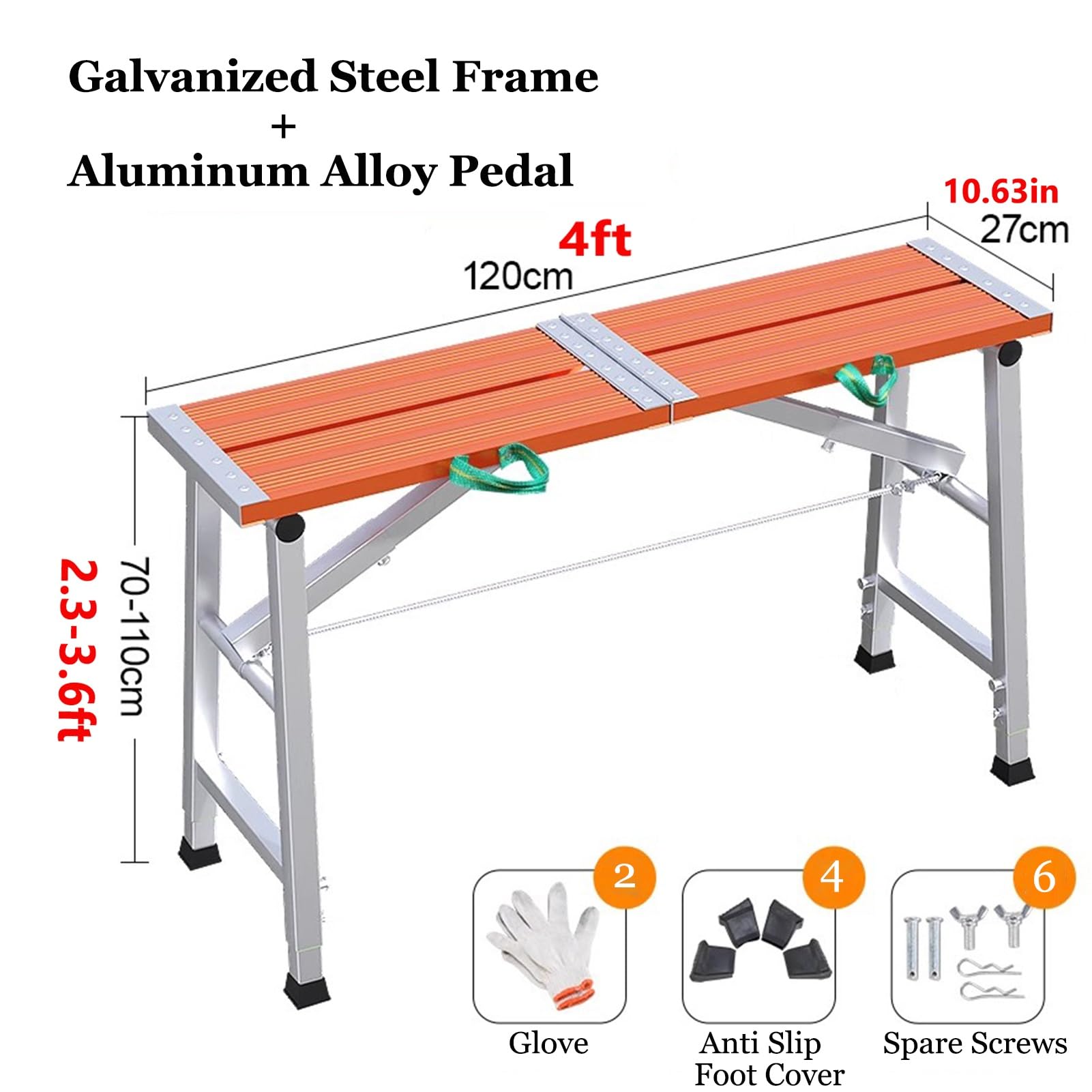 Plataforma de trabajo plegable ajustable – Banco de escalera portátil, capacidad de 300 kg, acero al carbono, altura ajustable multiusos para uso doméstico y profesional
