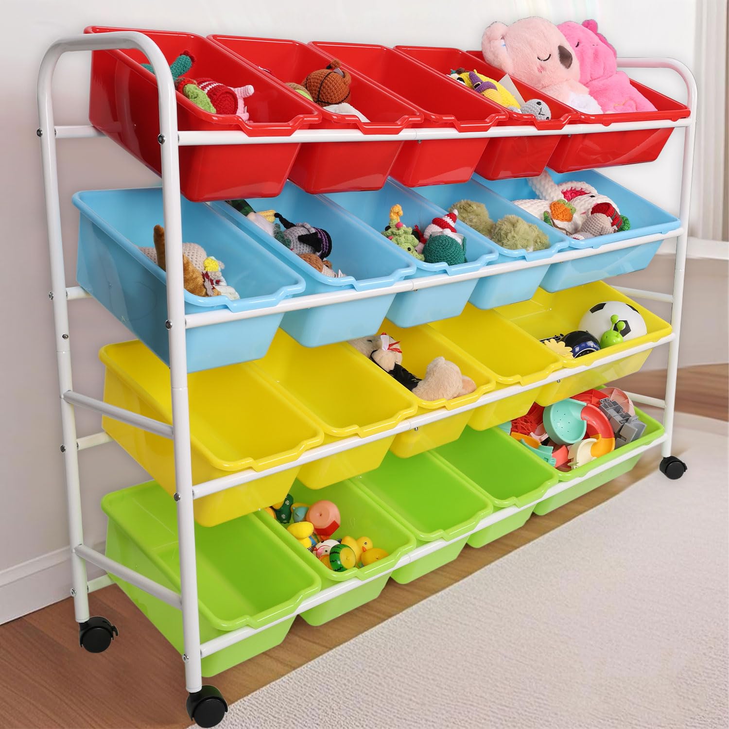 Toy Storage Organizer, 4 Layers Multipurpose Metal Toy Storage Rack with 20 Plastic Detachable Large Small Bins for School Playroom Nursery Kids Room (Green, Blue, Red, Yellow)
