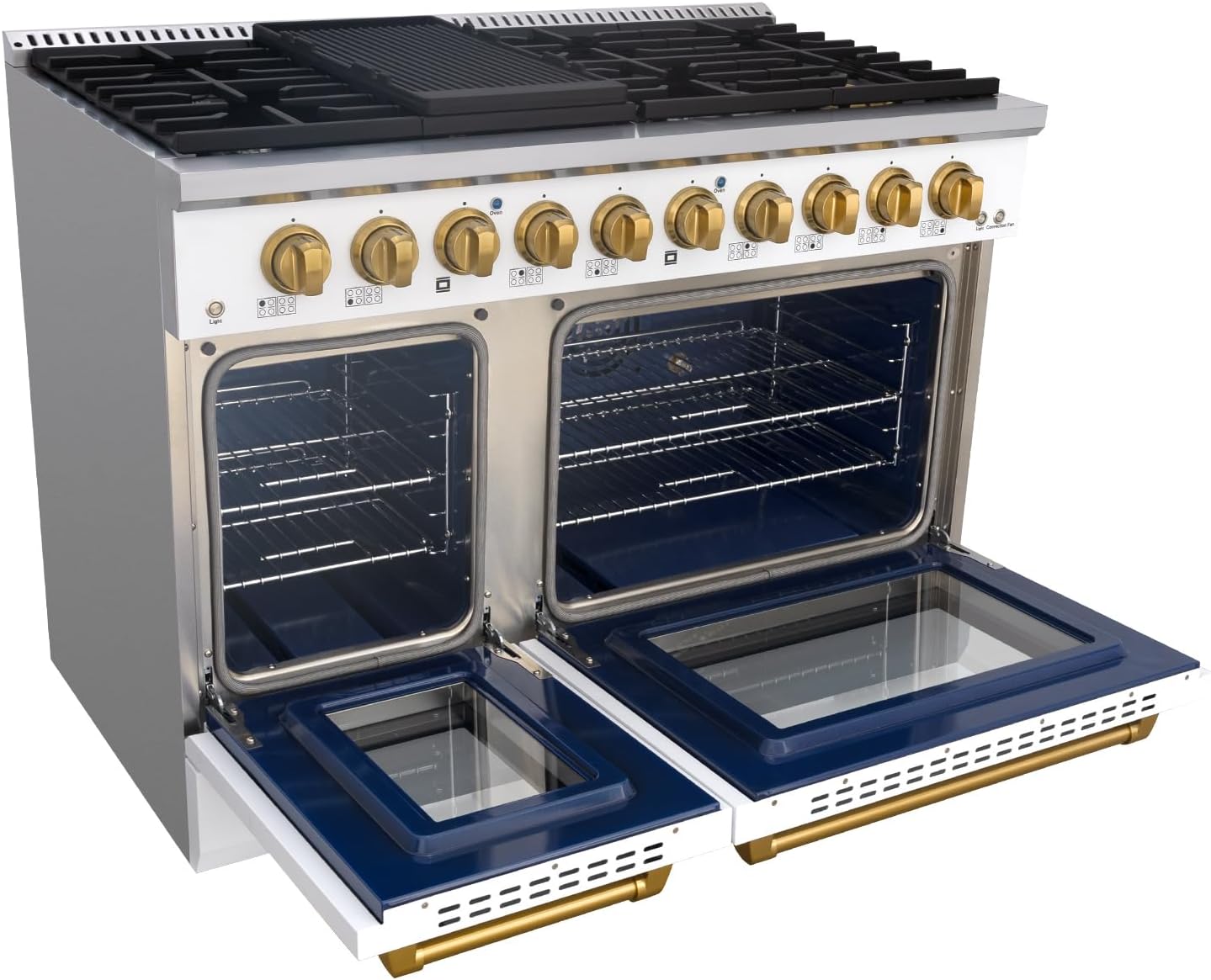 Akicon 48" Slide-in Freestanding Professional Style Gas Range with 6.7 Cu. Ft. Oven, 8 Burners, Convection Fan, Cast Iron Grates, & Blue Porcelain Oven Interior, In White with Gold