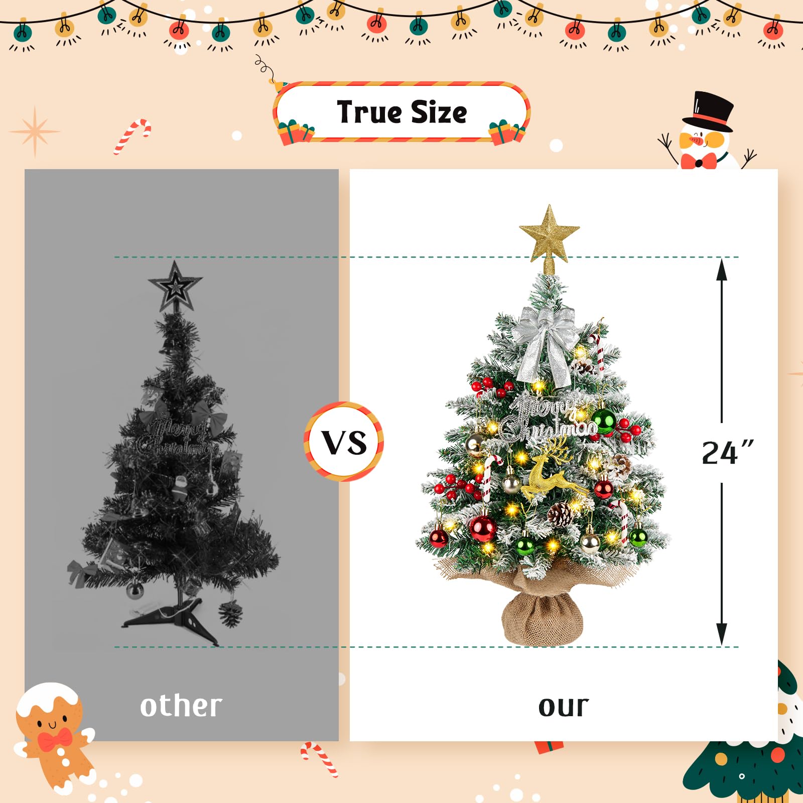 Mini sapin de Noël artificiel avec 40 lumières - 61 cm / 61 cm - Petit sapin de Noël artificiel avec décorations de Noël pour cheminée, cheminée - Décorations de Noël