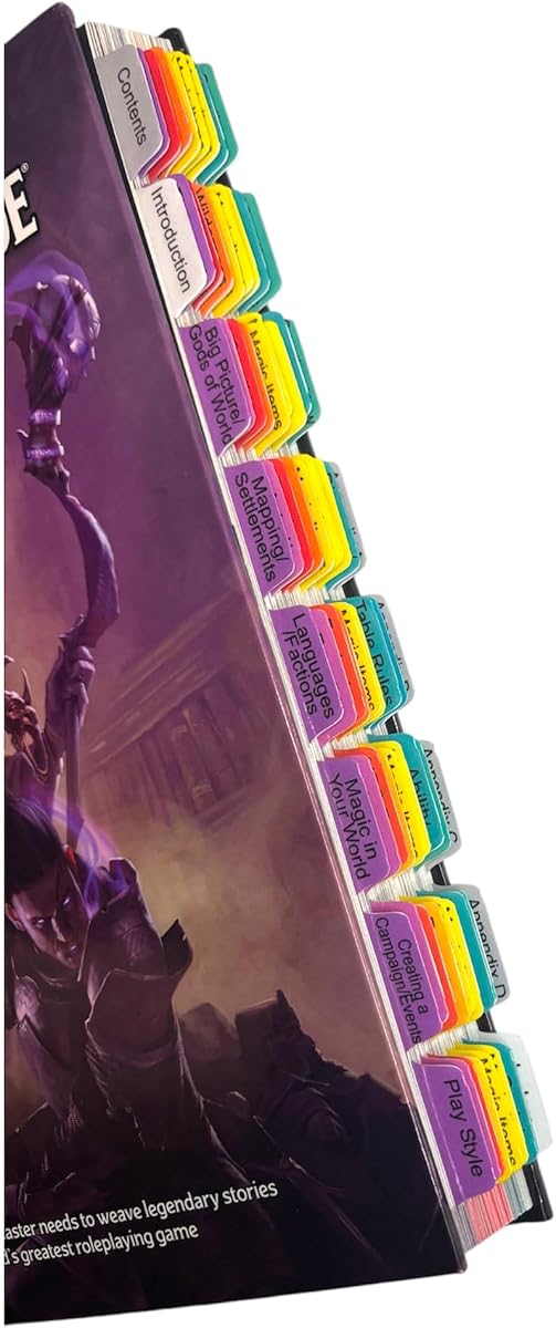 Book Tabs for The Dungeons & Dragons 2014 Dungeon Master's Guide | Fully Laminated, Color-Coded, Removable, (Book not Included). Includes Blank Tabs and Alignment Card for easy installation