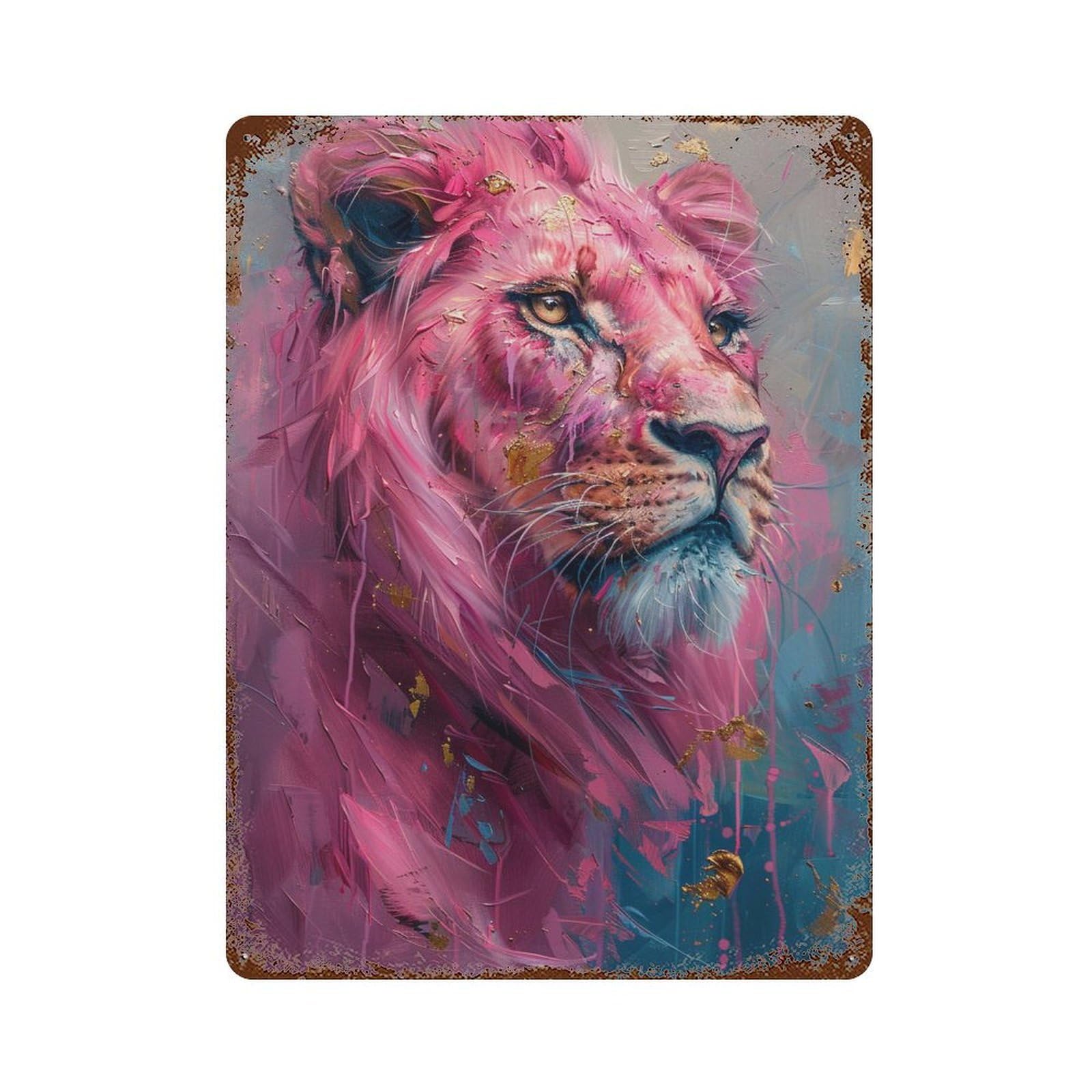 Pink Lion Art Print-5 Vintage Wall Sign 15.7"x11.8", Rust Effect Metal Decor for Shed, Workshop And Garage Wall Decor