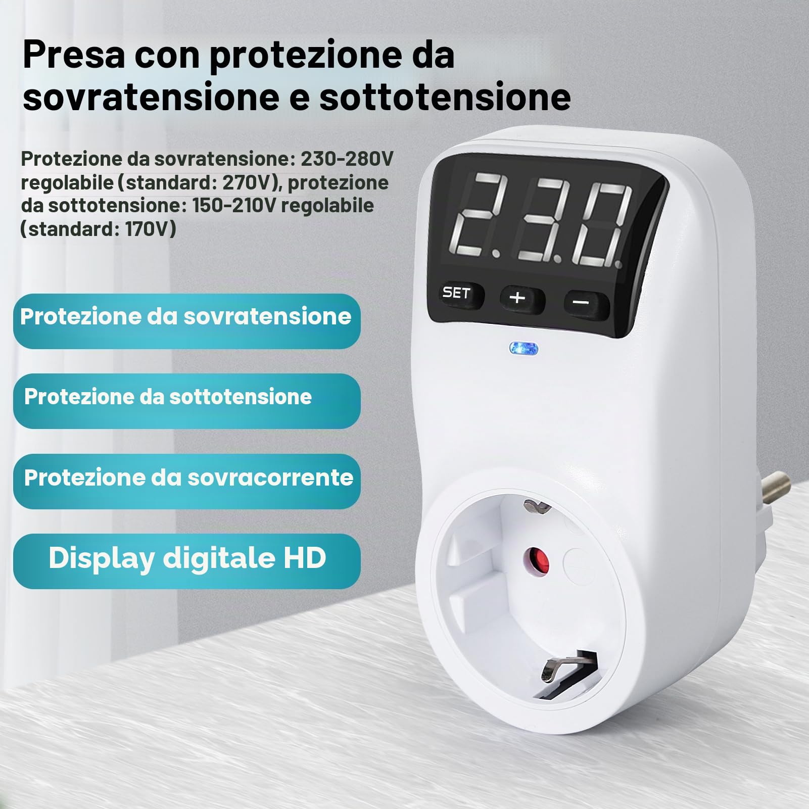 Spina di protezione da tensione, stabilizzatore di tensione dispositivo di protezione da tensione, presa automatica di protezione da tensione AC230V protezione da sovratensione e sottotensione