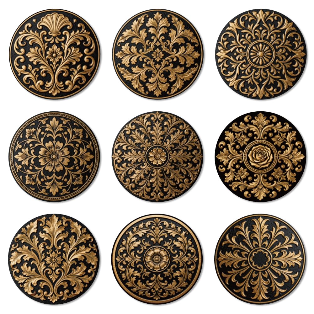 ANATTASOUL Wood Coasters Set of 9 for Drinks Vintage Baroque Patterns Colorful Wooden Cup Mat for Coffee Table Decor, 3.9" Round Desk Coasters for Home, Apartment, Office, Bar Gifts