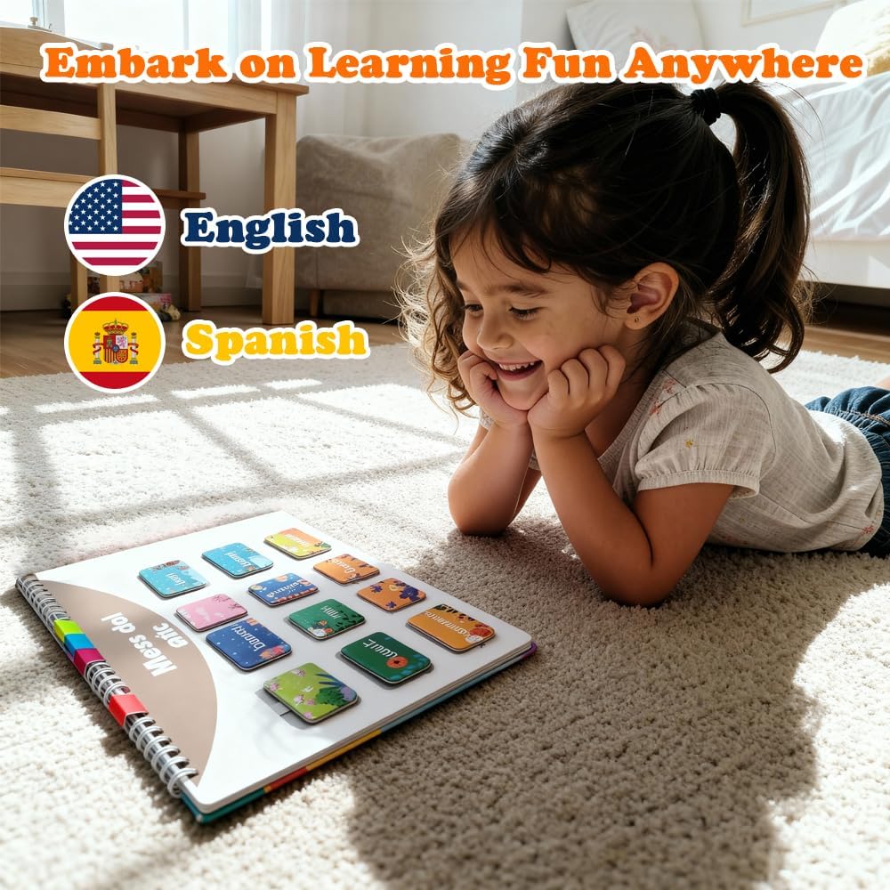 Spanish Busy Book for Toddlers, Montessori Preschool Learning Activities, 14 Bilingual Themes (English/Spanish) – Quiet Book for Kids, Educational Travel Toys