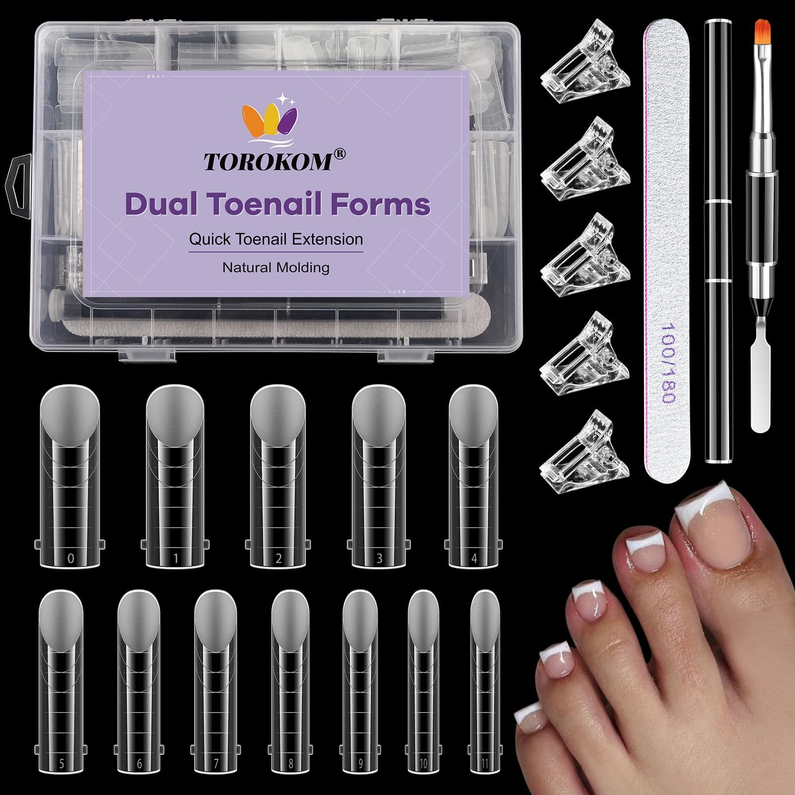 Poly Gel Toe Nail Form Set, Reusable Toenails Dual Forms for Nail Extensions, Poly Gel Toe Nail Tips with Dual-Ended Brush and Nail File, 5PCS Clips - 12 Sizes 120PCS