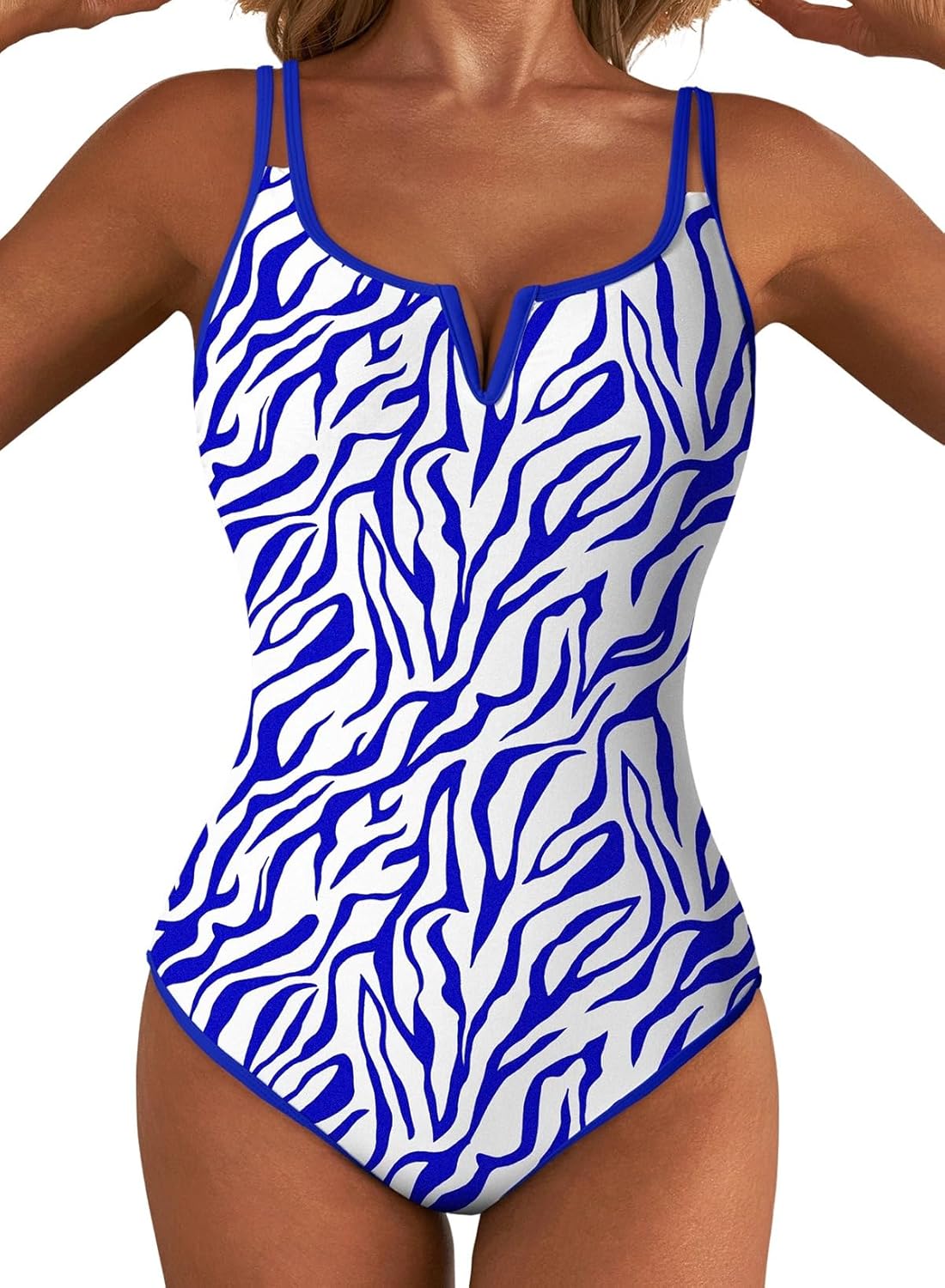 Aleumdr Women's One Piece Swimsuit Tummy Control V Wired Slimming Bathing Suit Color Block Printed Swimwear