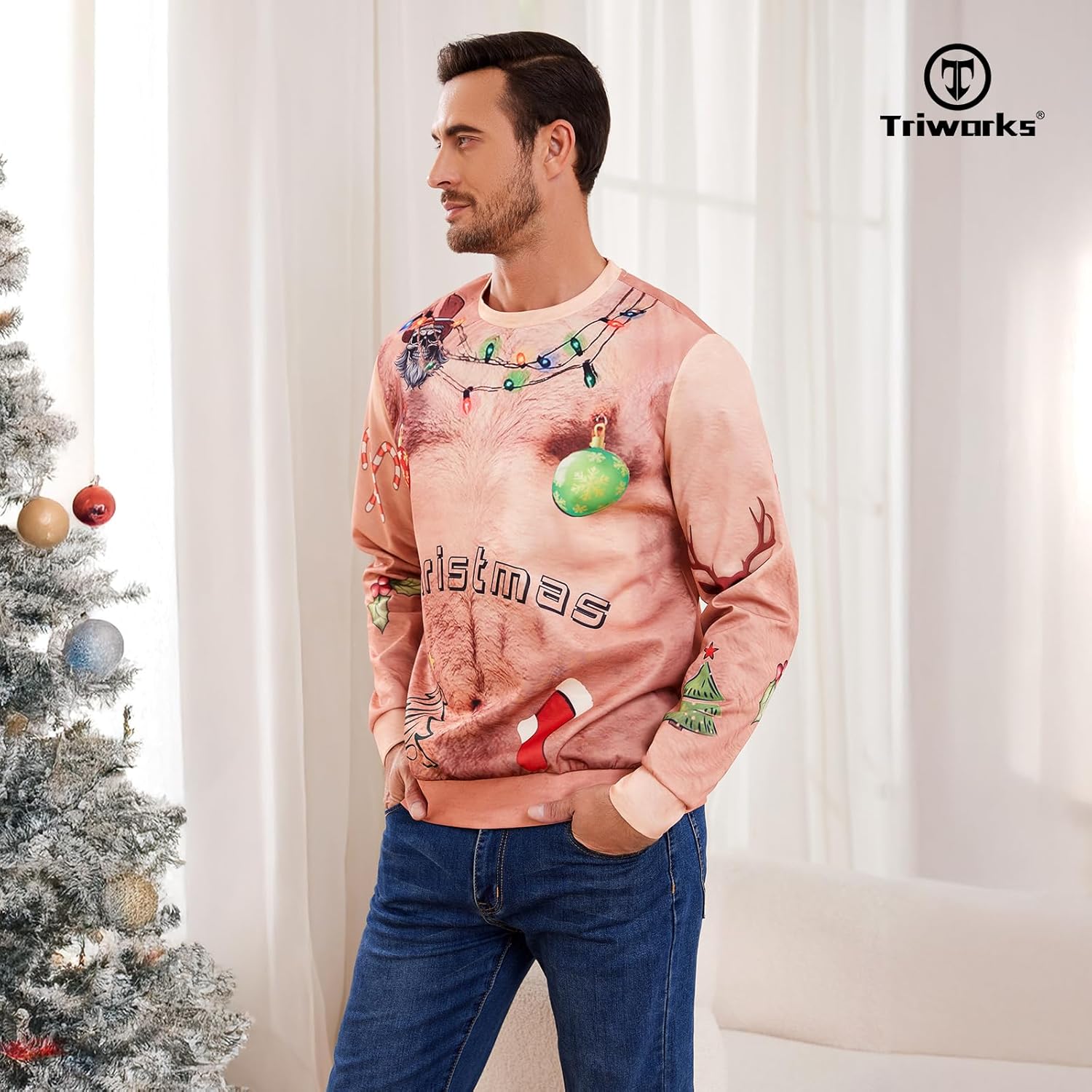 TRIWORKS Mens Ugly Christmas Sweatshirts 3D Printed Pullover Long Sleeve Sweatshirts for Men Woman Brown - Image 3